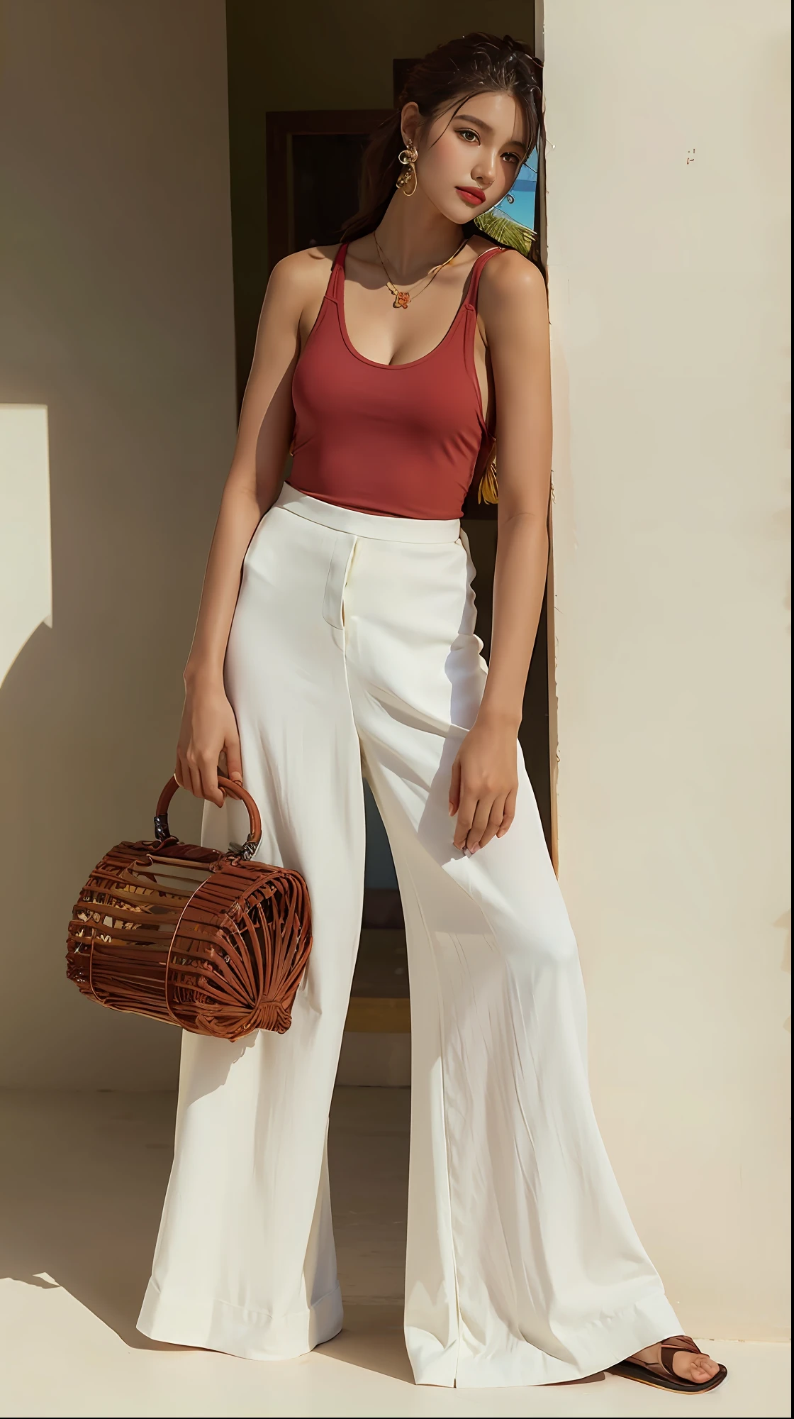 A woman in a red top and white pants holding a basket, red tank top and wide blue pants, white pant, esquema de cores marrom vermelho e branco, estilo minimalista, estilo minimalista, vermelho e branco, roupas brancas da moda, Summer vibe, usando regata vermelha, corpo perfeitamente sombreado, Titular Top, roupa intrigante, estilo tropical, summer outfit, 7 0 s vibe