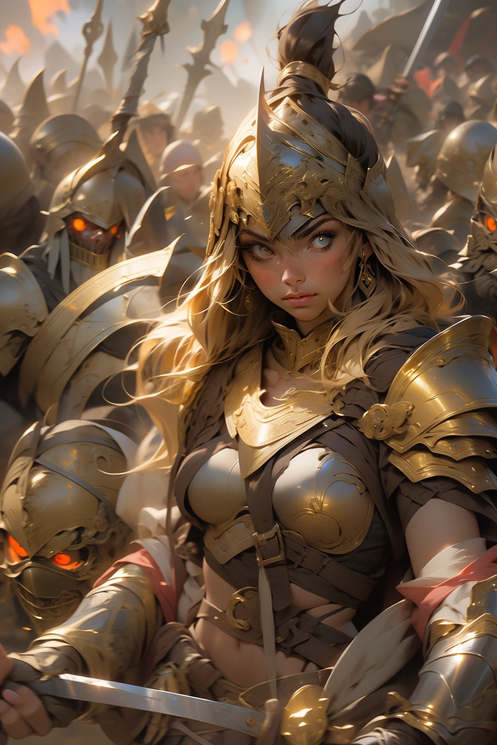 (masterpiece), (best quality), 1girl, female warrior, Sparta warrior, battle field, portrait, (golden glowing eyes), Spartan armor