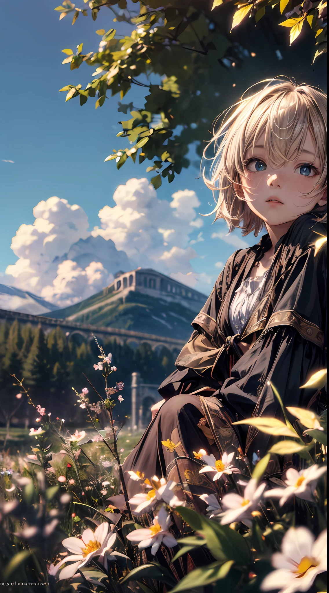girl, sitting, side shot, (sky:1.3), (masterpiece, best quality, perspective, depth of field:1.5), flowers, rocky mountain, woods, beautiful face, thighs, from below, 8k, raw photo, absurdres, impressionism, (Tom Thomson, Claude Monet, Joaquín Sorolla, James Wilson Morrice, John Fabian Carlson, Hugh Henry Breckenridge:0.8), HDR, photorealistic, film grain, chromatic aberration, highres, ultra detailed, finely detail, dynamic lighting, dramatic lighting, shadow, sharp focus, extremely detailed eyes and face, sharp pupils, realistic pupils