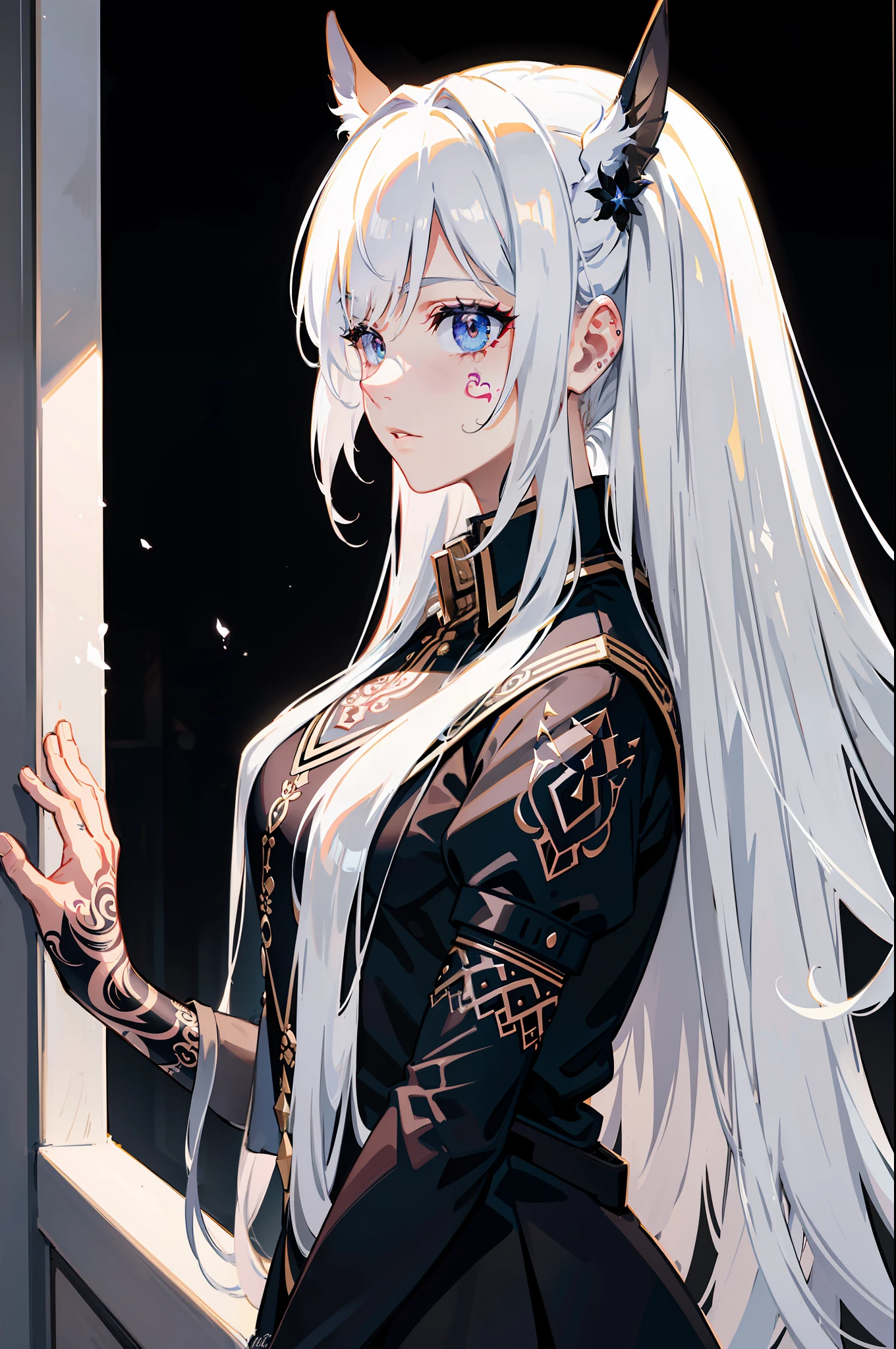 tmasterpiece,Best quality at best,Extreme light and shadow,exquisitedetails,VerydetailedCG,8k wallpaper,long and flowing hair,horse tailed,white colors,Kizi,(((semi transparent))),disheveled bangs,sitted,(((Tattooed with))),Black gloves,is shy