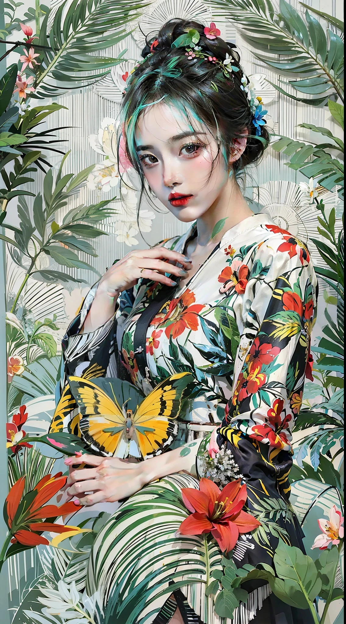 Create a digital art work in pop art style, featureing a vibrant and confident woman with bold makeup and colorfull fashion, cinematic color scheme, surrounded by vintage flowers patterns, energtic brushstrokes,the mood should be dynamic, upper body, drawing, illustration, grayscale, tropical, adubon fruits, adubon plants, many flowers, vector, painting oil, asian girl
