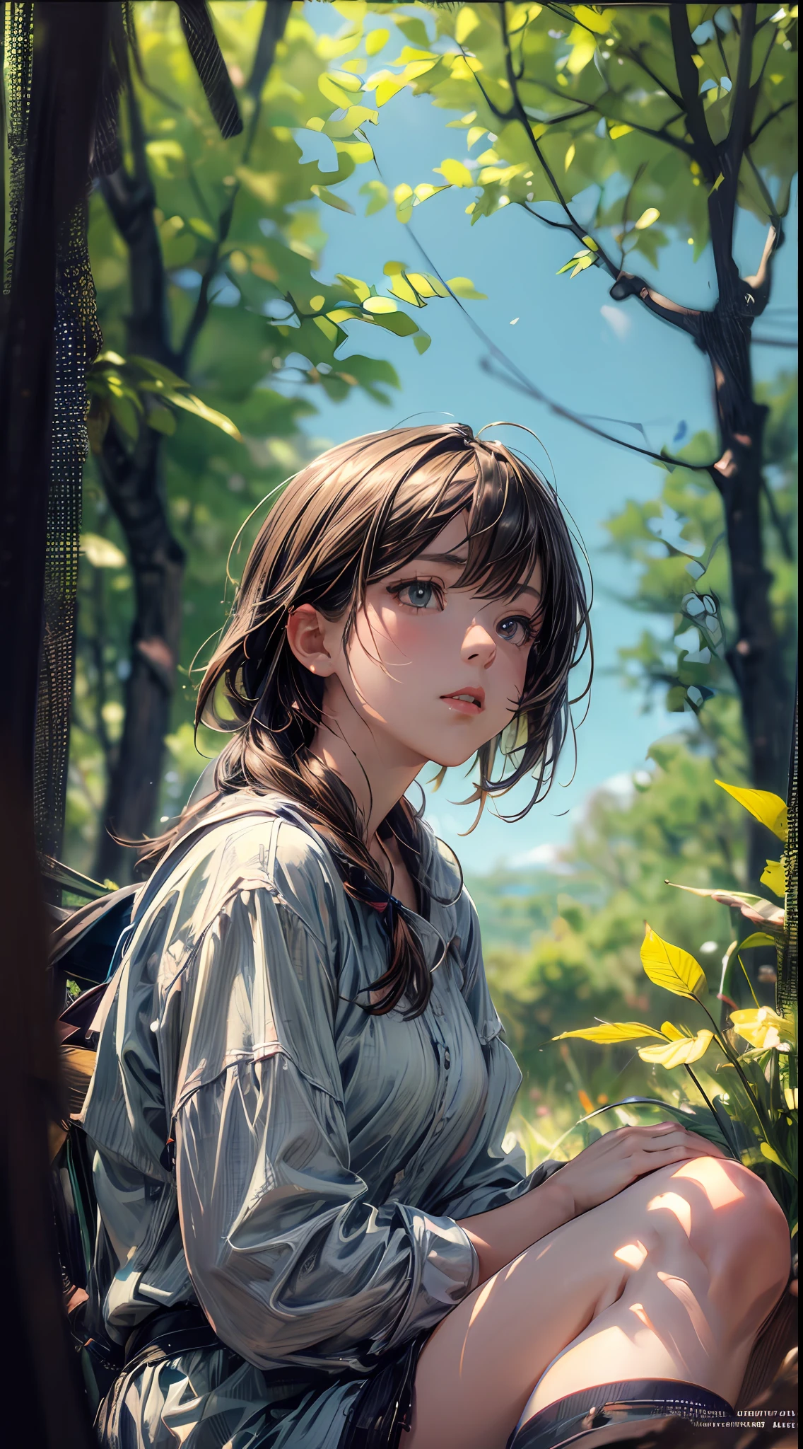 girl, sitting, side shot, (sky:1.3), (masterpiece, best quality, perspective, depth of field:1.5), flowers, rocky mountain, woods, beautiful face, thighs, from below, 8k, raw photo, absurdres, impressionism, (Tom Thomson, Claude Monet, Joaquín Sorolla, James Wilson Morrice, John Fabian Carlson, Hugh Henry Breckenridge:0.8), HDR, photorealistic, film grain, chromatic aberration, highres, ultra detailed, finely detail, dynamic lighting, dramatic lighting, shadow, sharp focus, extremely detailed eyes and face, sharp pupils, realistic pupils