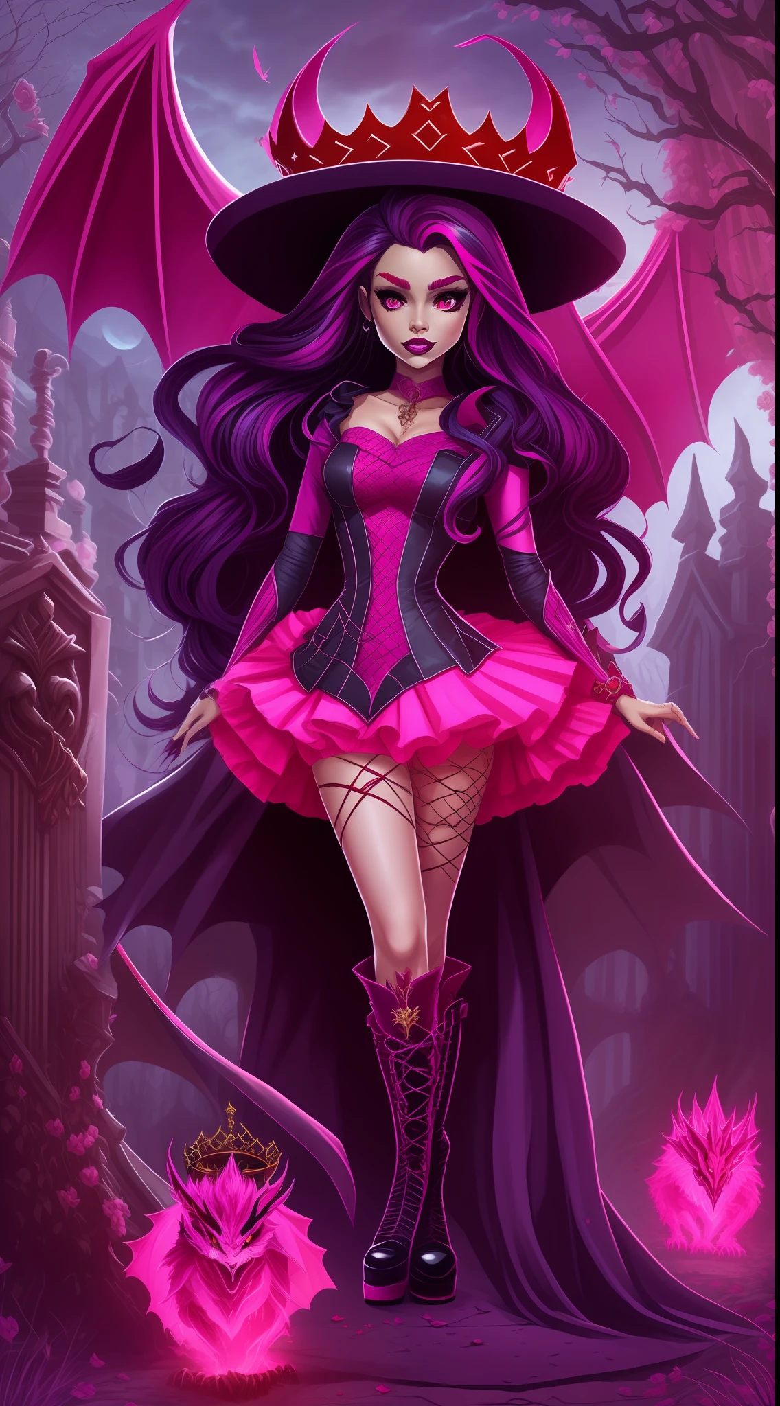 Scarlet Witch and Dracolaura Monster High Fusion, Sexy Body Long black hair with red streaks, full body, Magic, Flying, Costume dress with pink frill, gothic boots with padlocks, Crown, Pink eyes, Powerful, pretty face, graveyard background