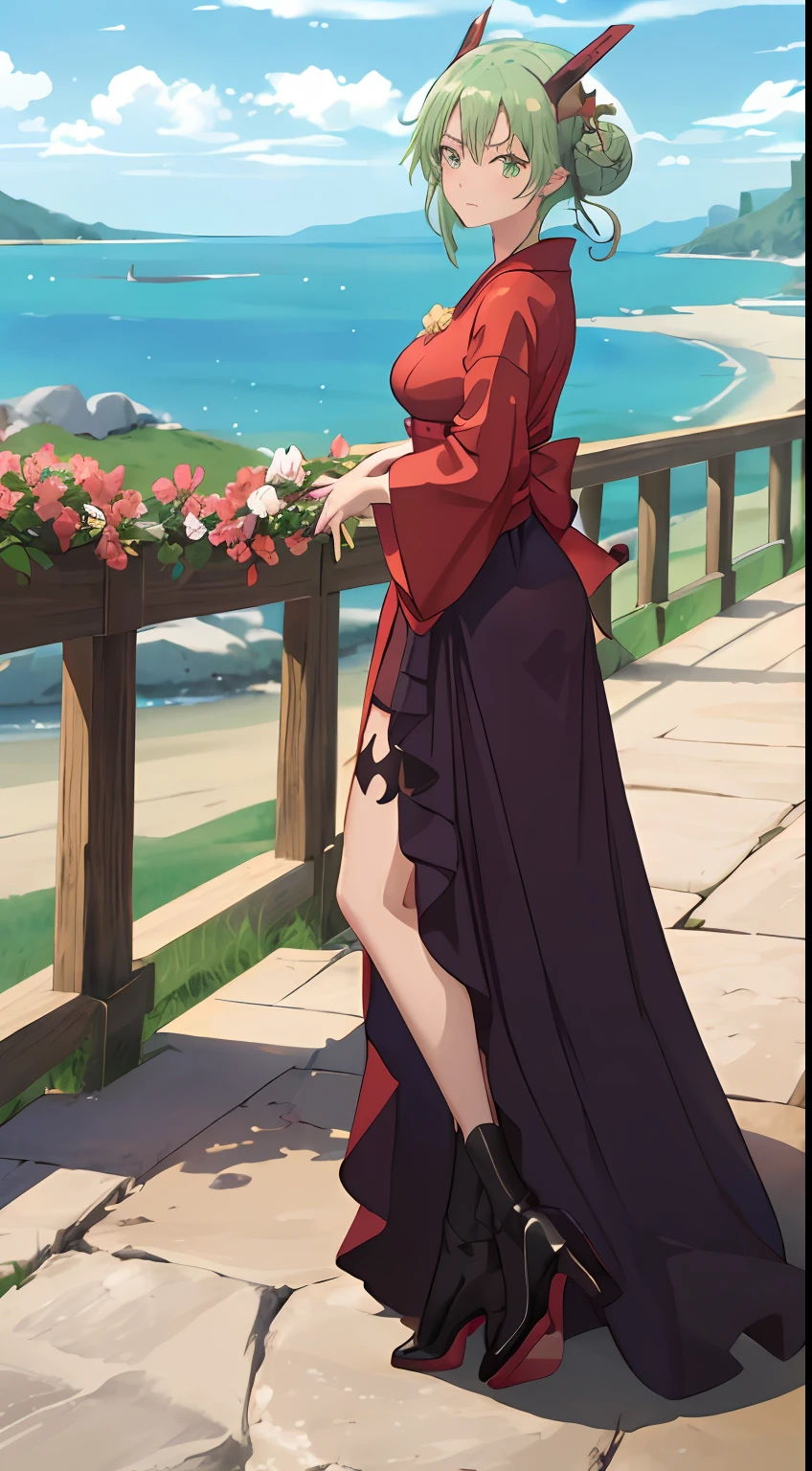 best quality, masterpiece, 1girl, , best face, rim lighting, (high detailed skin:1.2), 8k uhd, high quality, high resolution, 4k, 8k, best ratio four finger and one thumb, amazing ilustration, best background matching, anime style 4 k, beautiful background, ultra hd 8K, ({adventurer}, {dragonoid}, {wearing yukata}, {holding flower}, {isekai setting}), ({light green hair}, {blunt bang}, {hair bun}, {beautiful hair}, {realistic hair}, {have dragon horn}), ({green eyes}, {calm eyes}, {smirk}), ({best anatomy, best leg anatomy, best, hand anatomy}, {huge breast}, {wearing gown}, {black stocking}, {have dragon tail}, {high heel boots}), ({beach}, {scenery}, {view from behind}), dynamic angle, dynamic pose, additional space special effect