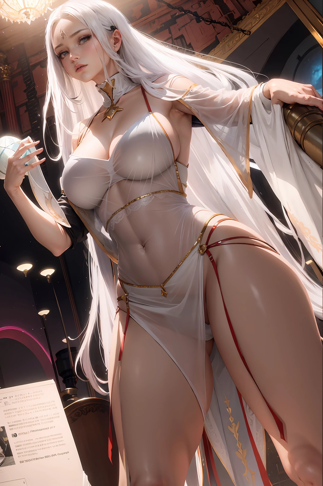 ((best qualtiy)), ((tmasterpiece)), (the detail:1.4), 3D, A beautiful cyberpunk female image,hdr(HighDynamicRange),Ray traching,NVIDIA RTX,Hyper-Resolution,Unreal 5,Subsurface scattering、PBR Texture、post-proces、Anisotropy Filtering、depth of fields、maximum definition and sharpness、Many-Layer Textures、Albedo e mapas Speculares、Surface coloring、Accurate simulation of light-material interactions、perfectly proportions、rendering by octane、Two-colored light、largeaperture、Low ISO、White balance、the rule of thirds、8K raw data、Raised translucent top, Smaller top, Smaller white lace shorts, Raised, Mature feminization, Flattering eyes, White lace translucent top,Flat and bare lower abdomen