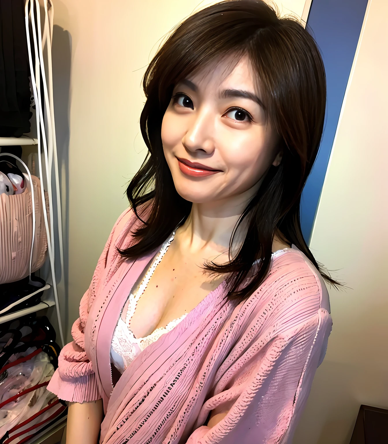 ((Best Quality, 8k, Masterpiece: 1.3)), Photorealistic, Sharp Focus, High Quality, High Definition, Portrait, Solo, Japan, Middle Aged Woman, Beauty, Clothes with Cleavage Visible, 47 years old, Plump, Wavy Hair, Shirt, Wrinkles at the corners of the eyes, Messy room, Unorganized room, ((Show Panty:1.5)), Lots of complicated machines, Lots of cables, retro computer, sexy figure,