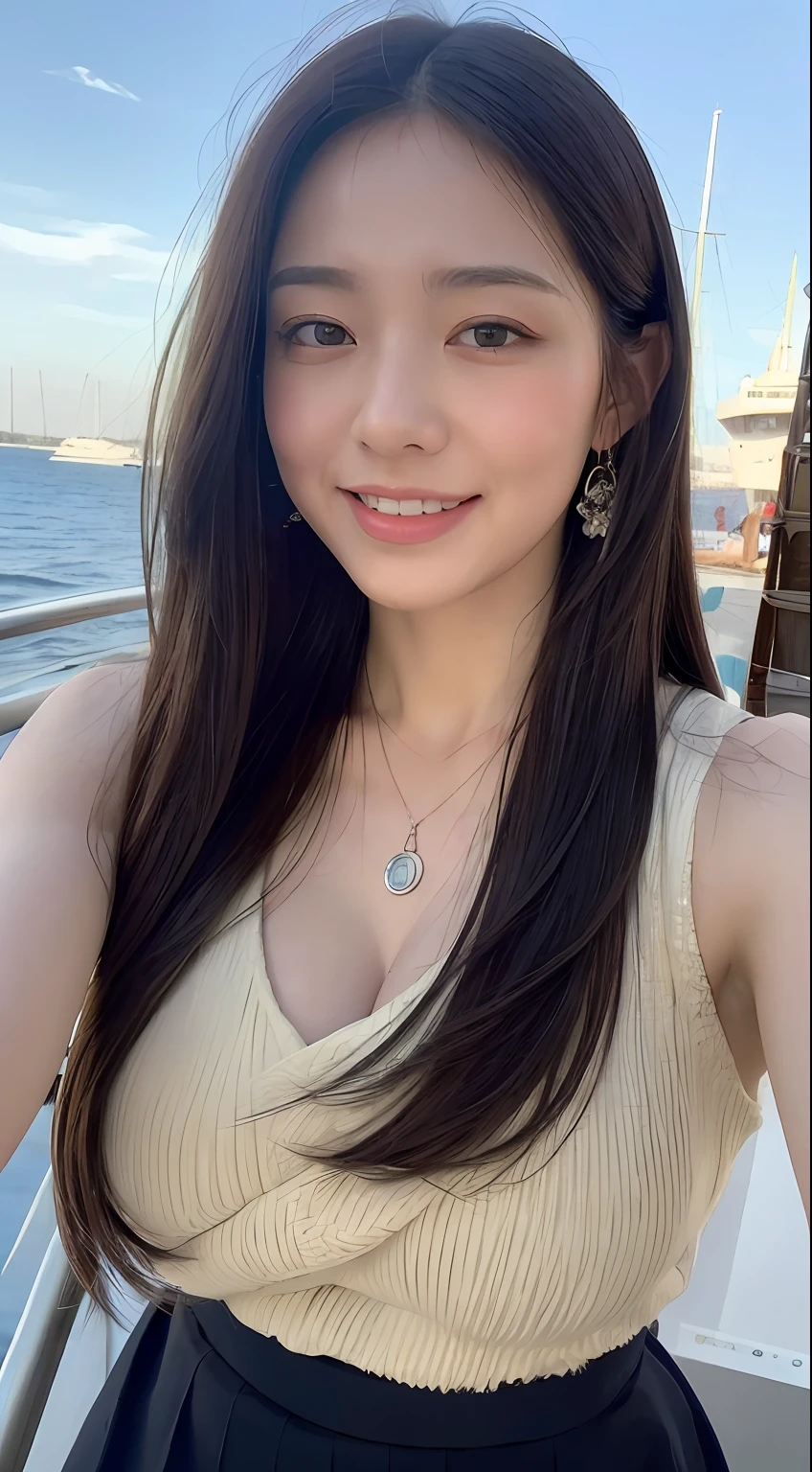 ((Best Quality, 8k, Masterpiece:1.3)), Focus:1.2, Perfect Body Beauty:1.4, Buttocks:1.2, ((Delicate Long Hair)), (Hip Wrap Skirt:1.1) , (Ship, Sea: 1.3),, Highly detailed face and skin texture, Delicate eyes, Double eyelids, Whitened skin, Smile, wearing necklaces, rings, on ships, sun on people's faces, big breasts
