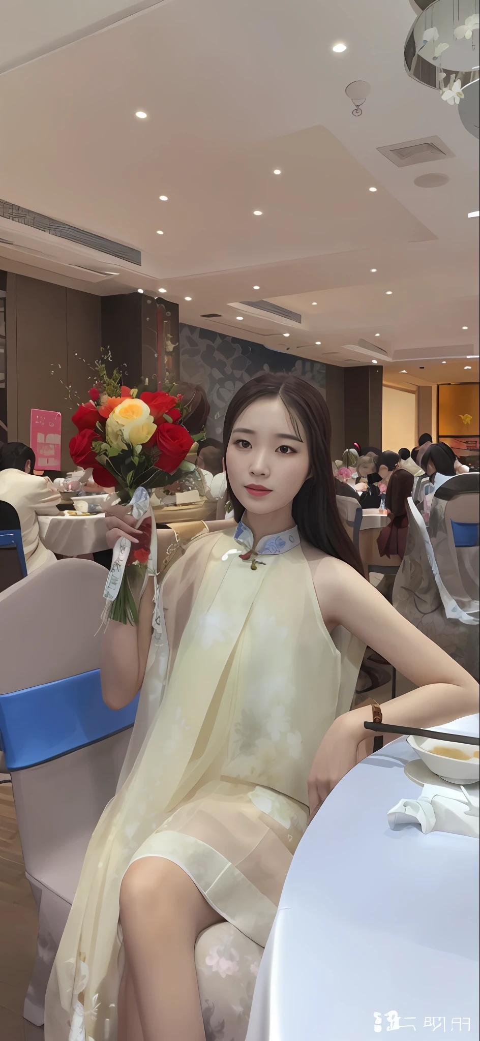 The woman sits at the table,holds a bouquet of flowers, shaxi, xintong chen, Cheongsam, wenfei ye, With flowers, very very low quality, Zhang Wanting, Middle metaverse, wenjun lin, Chinese girl, Lady, 🤬 🤮 💕 🎀, jinyiwei, gongbi