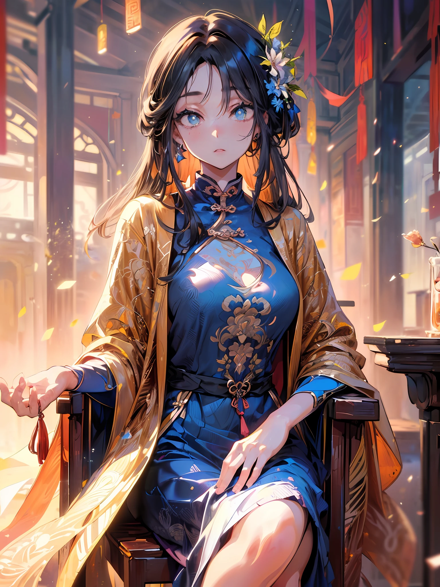 (((Masterpiece, Best quality, illustration, Extremely detailed, 8K, 4K, 2K))), (Beautiful eyes:1.5),1 beautiful young girl,13yo,Cute,detailed large blue eyes,Detailed eyes,Pink cheeks,Delicate blue Chinese dress,full bodyesbian,looking at viewert,posing on a,Sit in an old chair,