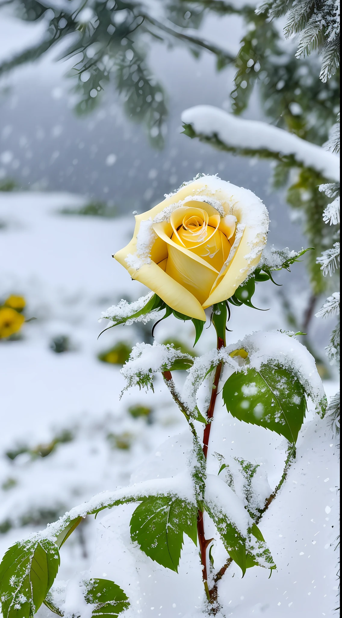 Yellow rose in the snow, Covered with snow, with frozen flowers around her, pale as the first snow of winter, Winter in the snow, Gentle snow, Still life with snow, Yellow rose, Cold but beautiful, Natural snowmelt in spring and winter, snow snow, during snowfall, Beautiful composition, in snow, In winter, cold snowy, In the snow