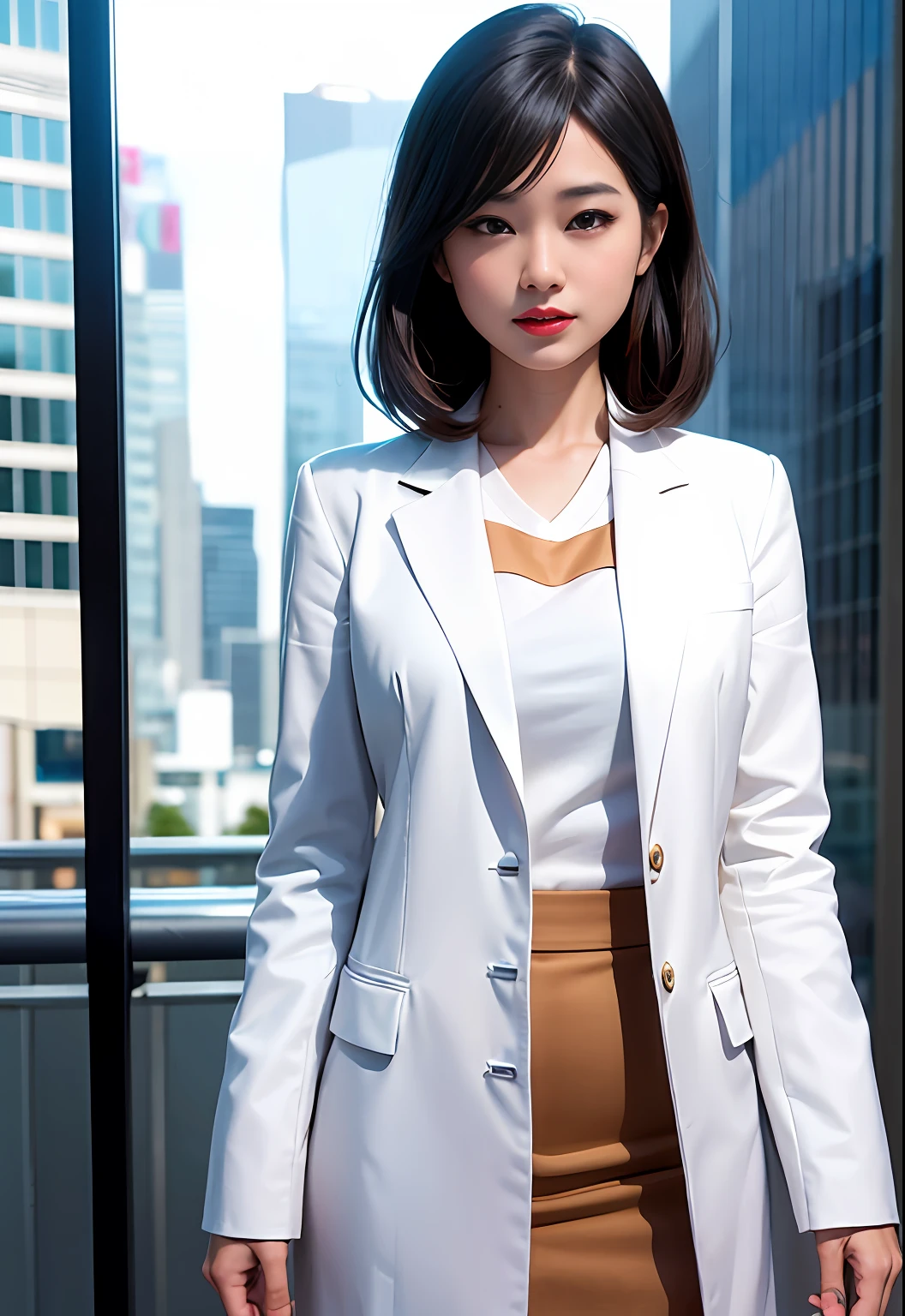 solo, (office lady,white coat,), 半身照,牛仔照, city_lights, (looking viewer:1.3), 唇裂, red_lips, 有光泽的皮肤, skindentation, best quality, ultra high res, (photorealistic:1.4 ),
