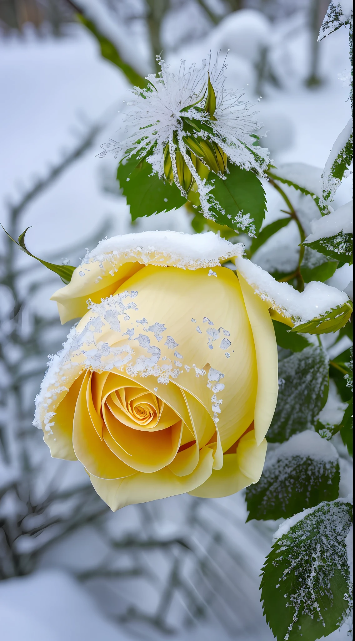 Yellow rose in the snow, Covered with snow, with frozen flowers around her, pale as the first snow of winter, Winter in the snow, Gentle snow, Still life with snow, Yellow rose, Cold but beautiful, Natural snowmelt in spring and winter, snow snow, during snowfall, Beautiful composition, in snow, In winter, cold snowy, In the snow