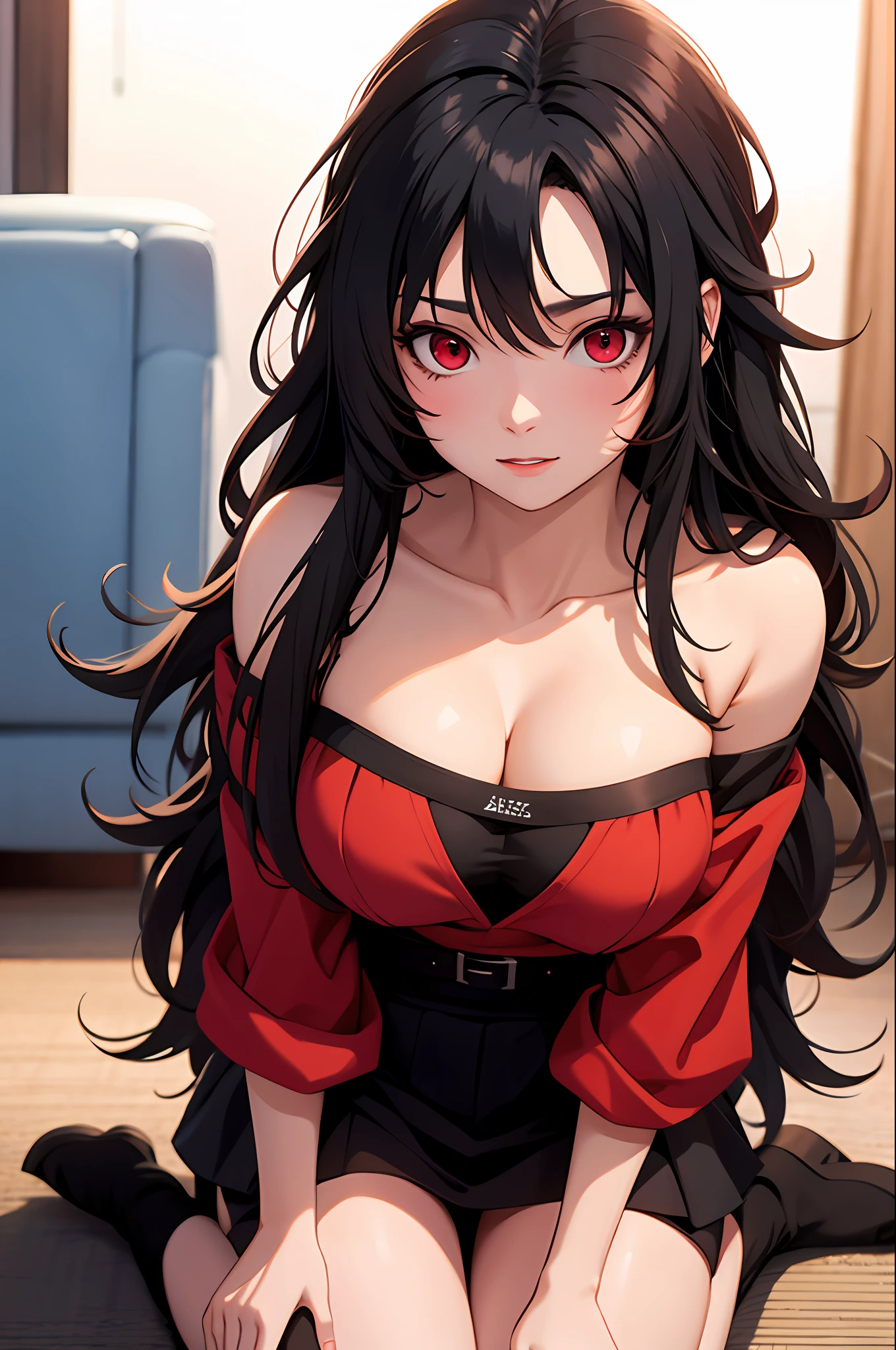 nar_kurenai_yuhi，Forehead protection，bandagens，full bodyesbian，red eyes，wariza，Off-the-shoulder attire，cleavage，little breast