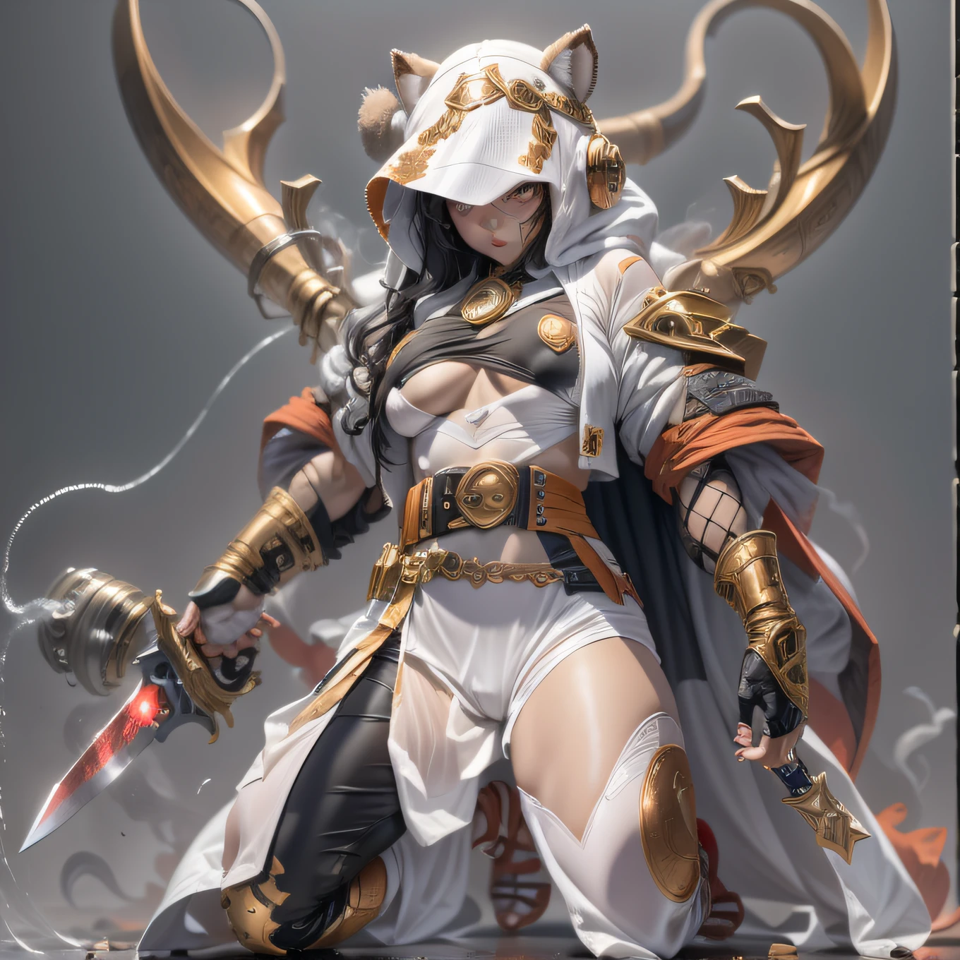 Copper model,Antler cap, Silver weapons, Side photo of the half, Weapons of the future, 32K, Linen cloak, Top quality, Masterpiece:Faust,,1 , short detailed hair, thin fog, (tmasterpiece,k hd,hyper HD,16k),clutching a sword,blood sky, Brunette knife, Shorts smoke, Mist coating, bandagens, sword sheath, Masks, 独奏,Ivory white background