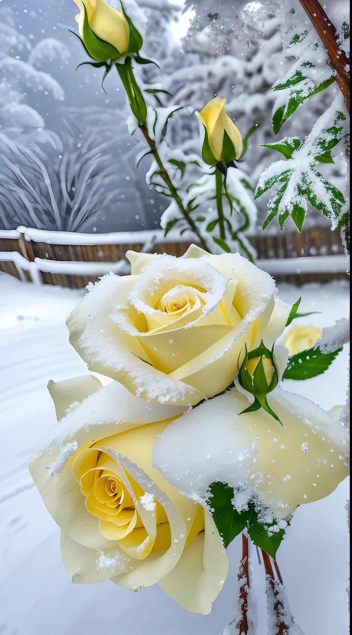 Yellow rose in the snow, Covered with snow, with frozen flowers around her, pale as the first snow of winter, Winter in the snow, Gentle snow, Still life with snow, Yellow rose, Cold but beautiful, Natural snowmelt in spring and winter, snow snow, during snowfall, Beautiful composition, in snow, In winter, cold snowy, In the snow