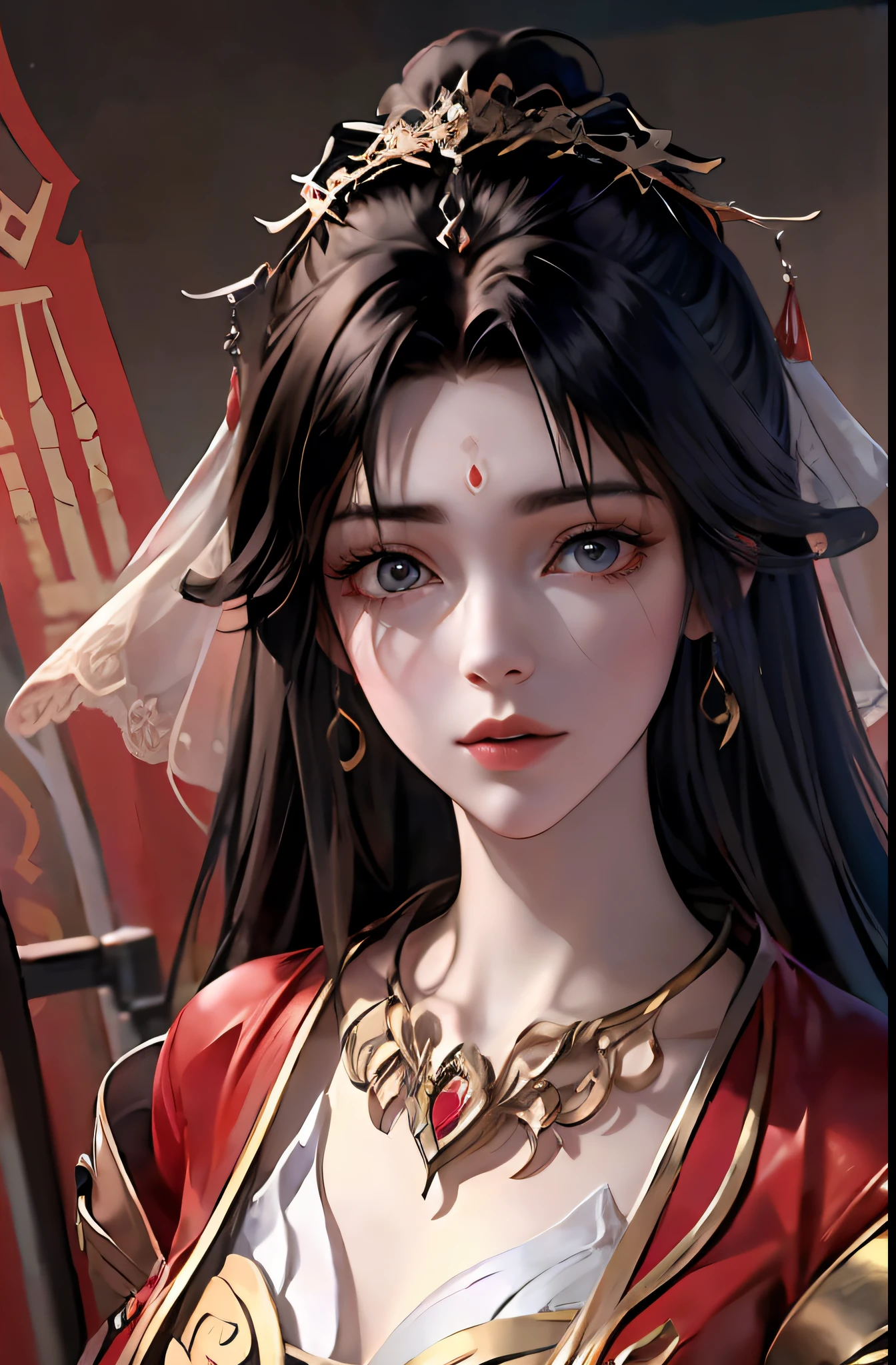 (tmasterpiece,top Quority,best qualtiy,offcial art,Beautiful and aesthetic:1.2),(1girll),Extremely detailed,Colorful,highestdetailed,offcial art,统一 8k 壁纸,ultra - detailed,Beautiful and aesthetic,big breasts beautiful,tmasterpiece,best qualtiy, long whitr hair,Beautiful face,(a color),Ancient Chinese clothes,Western Regions clothing,gossamer,gold chains,red color Hanfu,Phnom Penh embroidery, (zentangle, mandalas, Tangled, entangle) , Yuechan_Wedding_lothes,