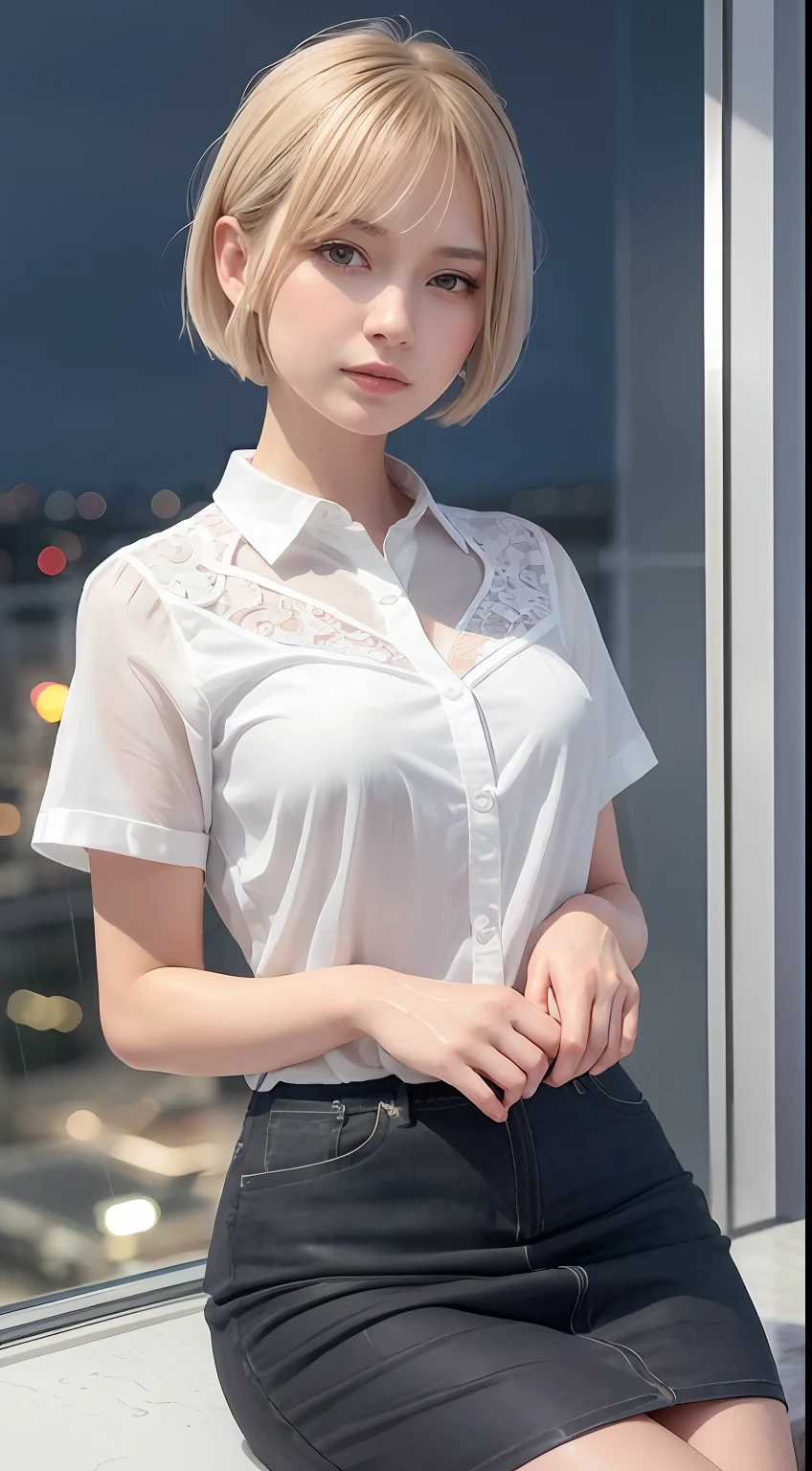 (8k, Best Quality, Masterpiece: 1.2), (Realistic, Photorealistic: 1.37), Super detailed, 1 girl, Cute, Solo, Beautifully detailed sky, Detailed cafe, Night, Sitting, Dating, ( Nose blush), (smile: 1.15), (closed mouth) small breasts, fine and beautiful eyes, (collared shirt: 1.1), night, wet, office clothes, rain, white lace, (short hair: 1.2), floating Hair NovaFrogStyle,