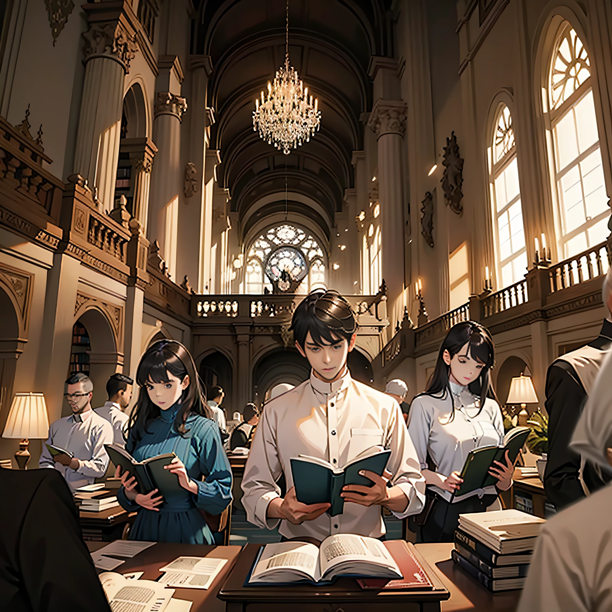 A group of people reading in the library
