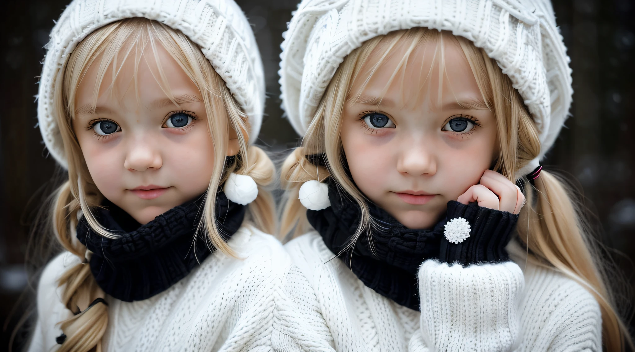 GIRL BLONDE CHILD with long hair wearing a white sweater and black ear warmers, sleepy, wearing cute black scarf, sick with a cold, cold, , a cold, cute bangs, with cute white skin, ears, sleepy face fashion model, sad, twintails white_gloves, cute skin, teeneezing cold nights, cold winter, black ears