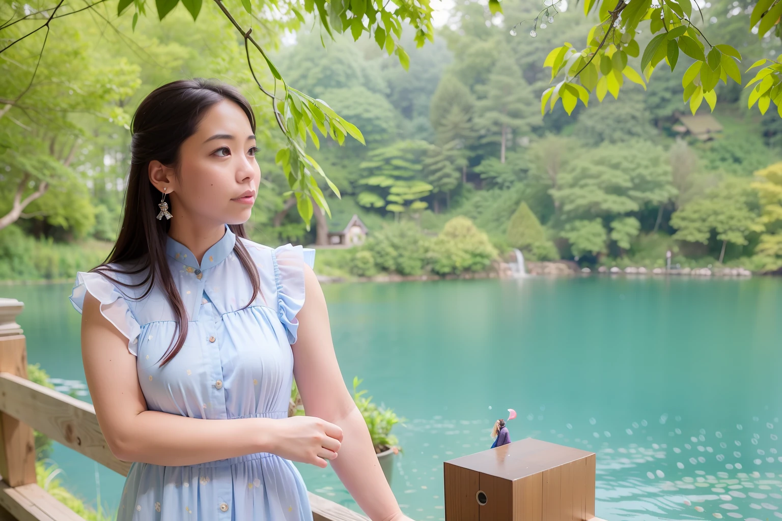 There was a woman standing on a wooden deck by the lake, Lake in the background, sentado em frente a um lago, wearing a blue qipao dress, in front of a forest background, photo taken with canon 5d, in a blue qipao, waterfall in background, shot on nikon z9, 🤬 🤮 💕 🎀, perto de um lago