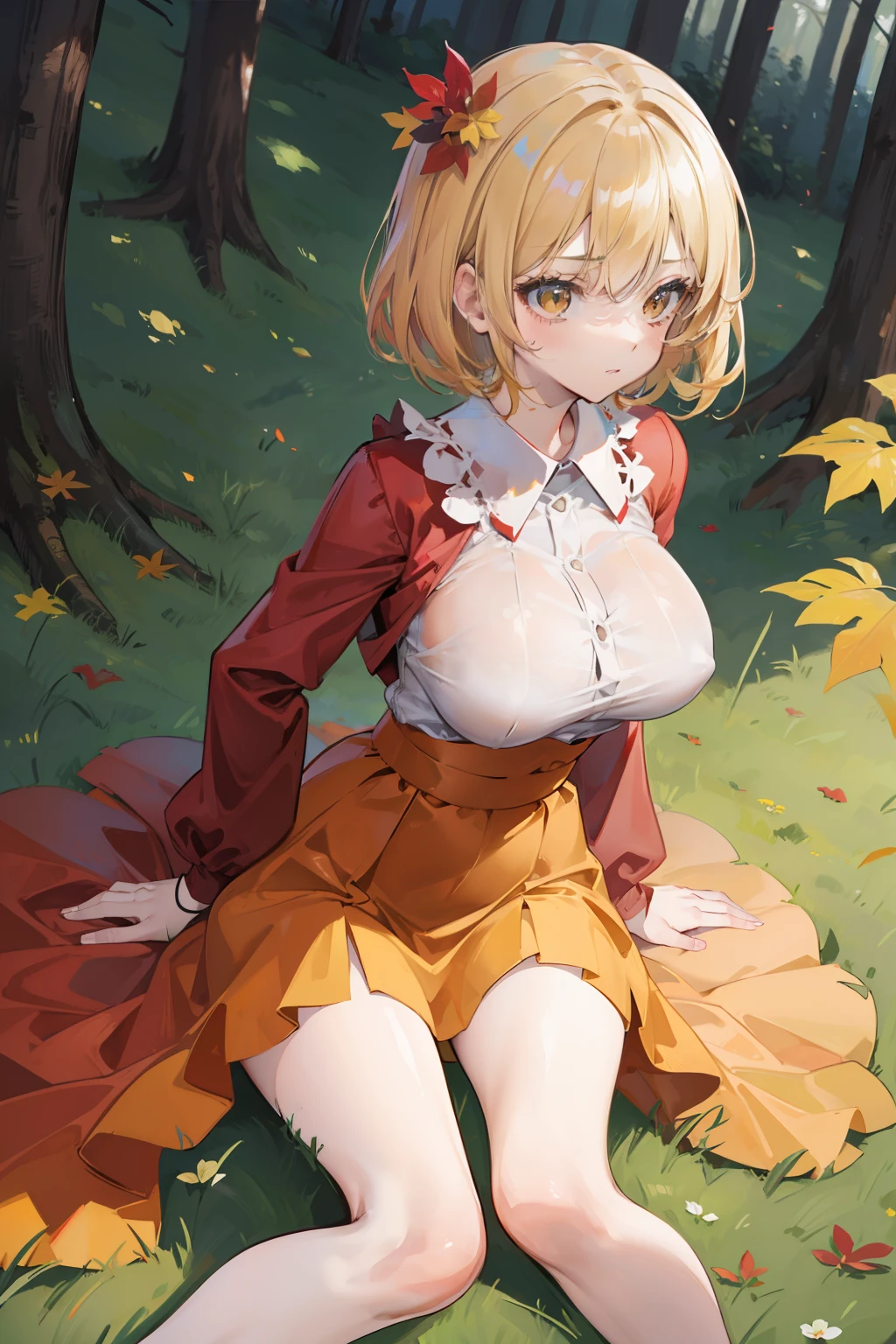 (masterpiece),best quality, expressive eyes, perfect face, 1girl,
big breast, H-cup, good breast, beautiful, gorgeous,anime,girl,lora, floating clothes,w sitting, w sitting on ground, legs on ground,aki shizuha,1girl,aki shizuha, blonde hair, short hair, yellow eyes, leaf hair ornament,red shirt,skirt,long sleeves,curtain chest ,hands on hips, hands on waist