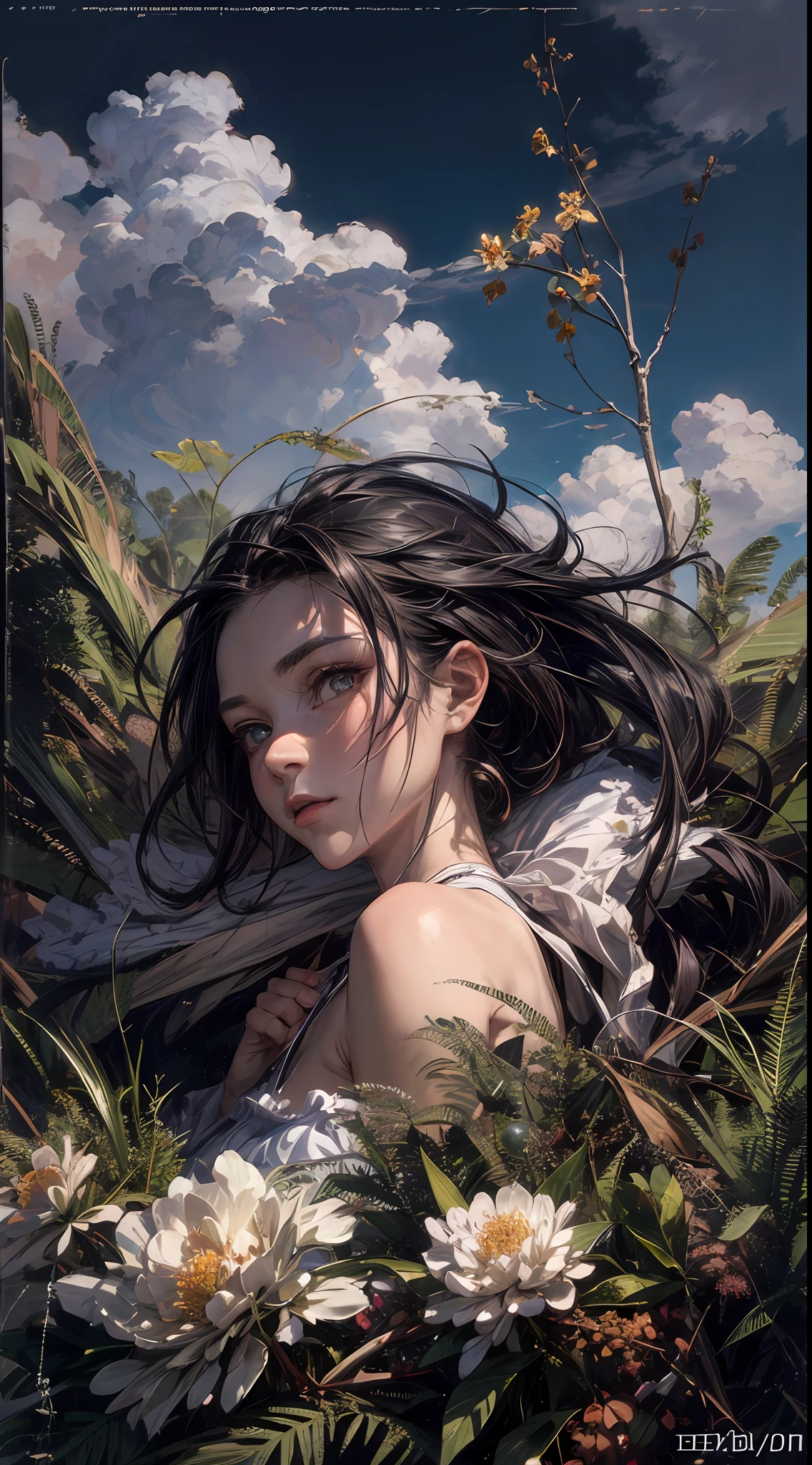 babes, sitting on, Side Shot, (deserted:1.3), (шедевр, 最好质量, Near and far law, depth of field:1.5), florals, Umi, the clouds, Beautiful face, thights, from from below, 8k, Raw foto, absurdist, impressionists, (Tom Thomson, Claude Monet, Joaquin Sorolla, James Wilson Morris, Jon Fabian Aluson, Hugh Henry Breckenridge:0.8), HDR, photoreallistic, film grains, Color Aberration, Hi-Def, superdetailed, finely detail, dynamic lighting, Dramatic lighting、shadowy、Sharp focus、very detailed eyes and faces、Sharp pupils、Realistic pupils