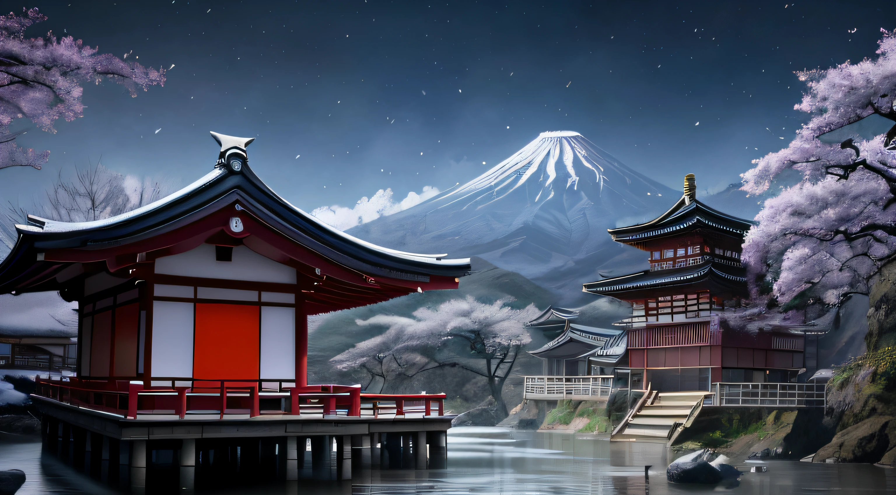 A photo taken from a computer screen in a Japanese village, Beautiful rendering of the Tang Dynasty, traditional japanese concept art, akihiko yoshida. illusory engine, beautiful anime scenes, japanese town, inspired by Kanō Hōgai, Beautiful digital artwork, 8K high quality detailed art, Beautiful wallpaper, Moonlight snow, Anime background art, digital painting of a pagoda