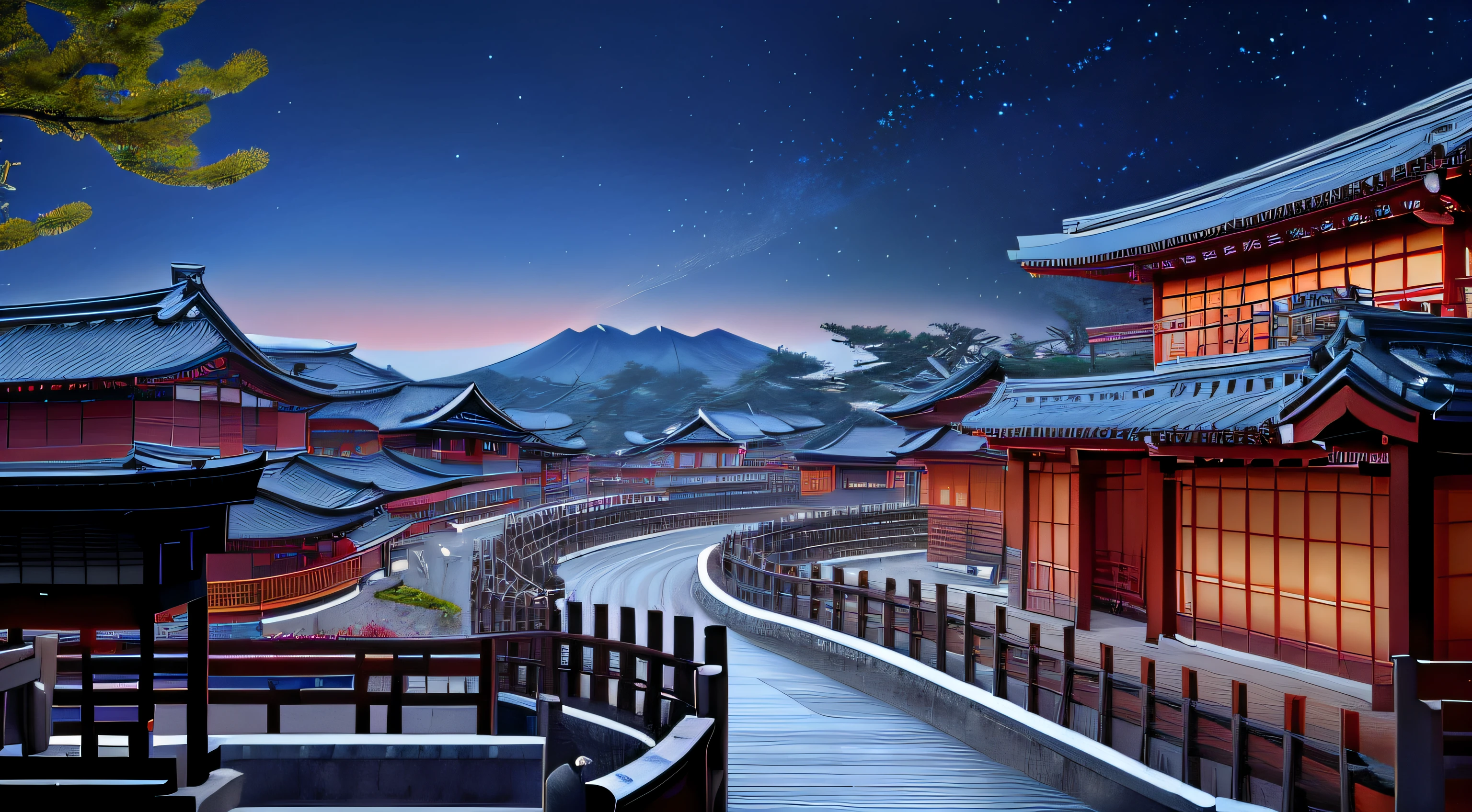A photo taken from a computer screen in a Japanese village, Beautiful rendering of the Tang Dynasty, traditional japanese concept art, akihiko yoshida. illusory engine, beautiful anime scenes, japanese town, inspired by Kanō Hōgai, Beautiful digital artwork, 8K high quality detailed art, Beautiful wallpaper, Moonlight snow, Anime background art, digital painting of a pagoda