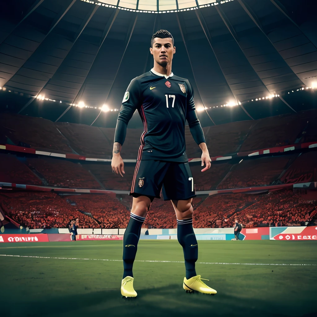 Cristiano Ronaldo celebrating his goal, pose, full body, intricate details, concept art portrait in the hyper realistic style, hyper detail, masterpiece, epic, trending on Artstation, ominous, epic, trending on cgsociety. A detailed digital painting, rendering blurry, Unreal Engine 5 rendering. 32k hyper-detailed 4k resolution, ultra high quality model. Official Portugal national kit