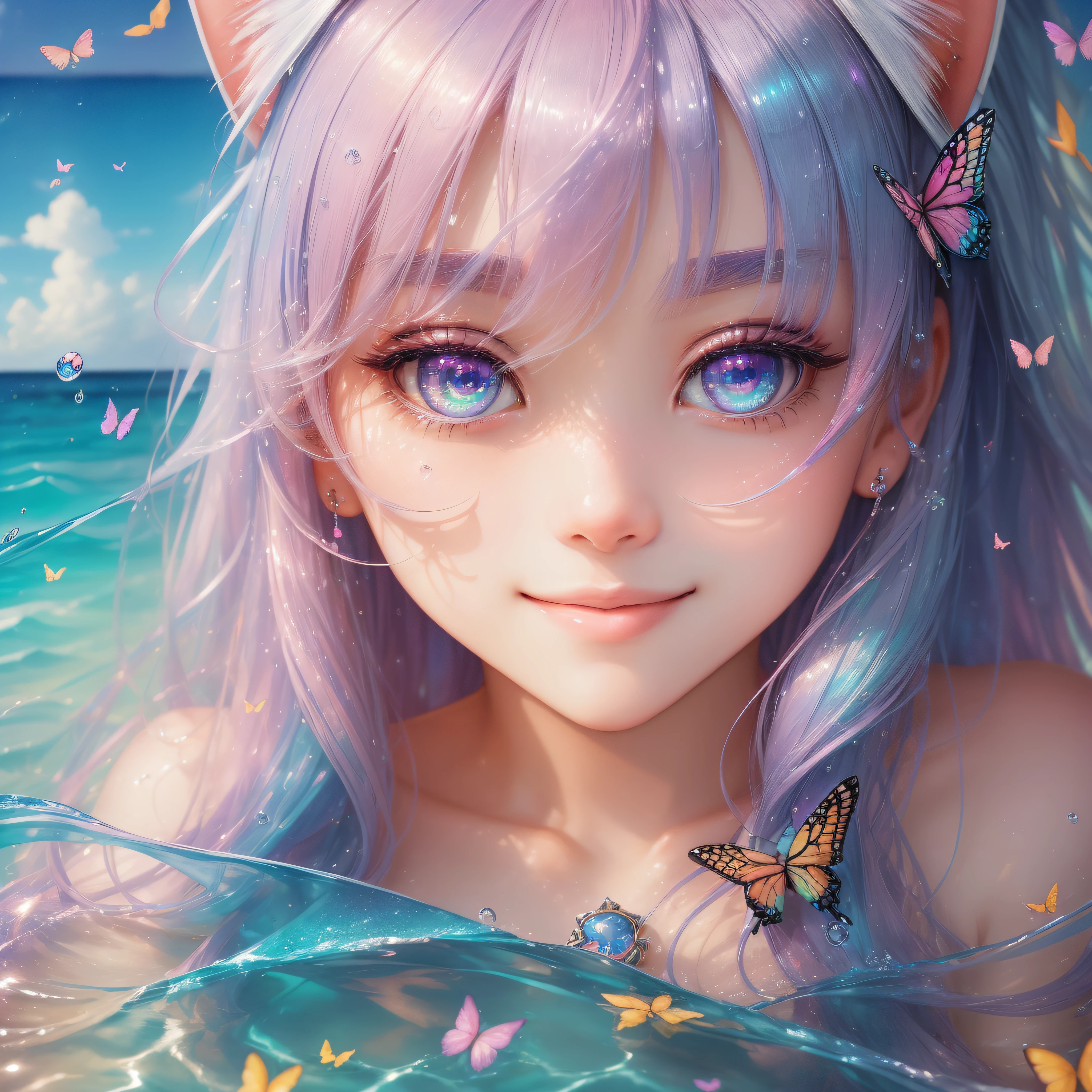 Close up of a smile with the corners of the mouth raised、Close up of a smile with the corners of the mouth raised、Close up of a smile with the corners of the mouth raised、close up of face、close up of face、close up of face、round and clear eyes、Shining eyes、Shining eyes、Beautiful 22 year old woman、dreamlikeart、Highly detailed airbrush art(((Surreal))、intricate detailes、Volumetric lighting、(masterpiece:1.2)、(top-quality)、(The ultra-detailliert)、(The composition of the movement:1.4)、Highly detailed colorful details、(Irridescent color:1.2)、(Bright lighting)、dream-like、Magical、dynamic compositions、Ray traching、The mirror reflects light、Shallow depth of field、ultra-detailliert、mixing exposure、nffsw、Super masterpiece、vivd colour、colourfull、One woman's face、(Cute cat in clothes)、Anthropomorphic representation、Rich colors、exquisitedetails、(masutepiece,Best Quality:1.5), (butterflys,Exquisite butterflies,Ultra CG), (High resolution:1.5)、(Big eyes、Iridescent eyes、Shining eyes、Eye Gloss)(Smile with the corners of your mouth raised、Open mouth、lipgloss)、(bangss、Silver-pink hair)、The beach is covered with colorful and transparent smooth stones:1.5、Orange in the sky、pink there、Absolutely enchanting sunset on the beach mixed with yellow。The water is crystal clear、White sand beach stretches out as far as the eye can see。It's a dynamic and breathtaking scene。Enjoy the calm atmosphere、