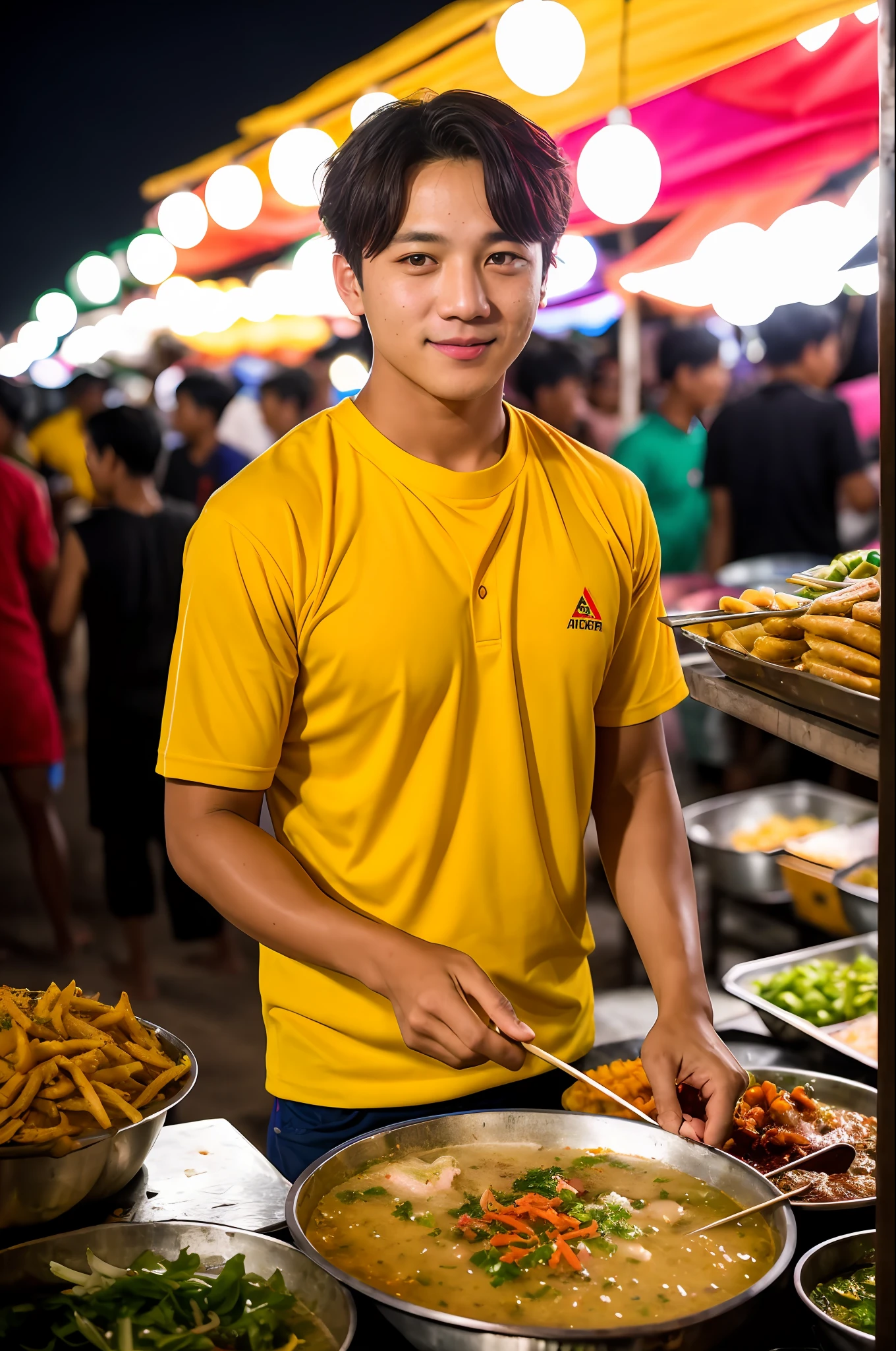 RAW photo, a portrait photo of Jungkook from BTS selling street food at a vibrant night market in Cambodia natural skin, 8k uhd, high quality, film grain, Fujifilm XT3
