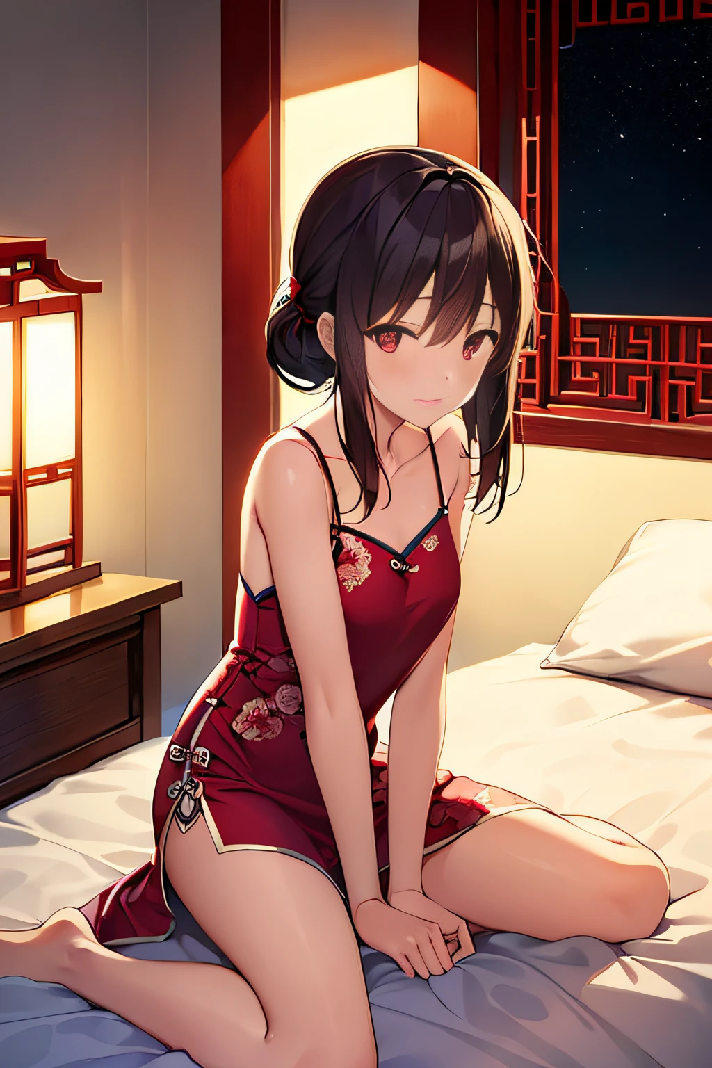 Pubic area is clear，4k wallpaper，HighestQuali，A teenage girl，Burgundy silk nightdress（Peony flower pattern），Reallightandshadow，Warm lighting，Chinese style bedroom，Traditional red silk bedding，Traditional Chinese gardens，suburb，nighttime scene，nigh sky，galactic，The upper part of the body