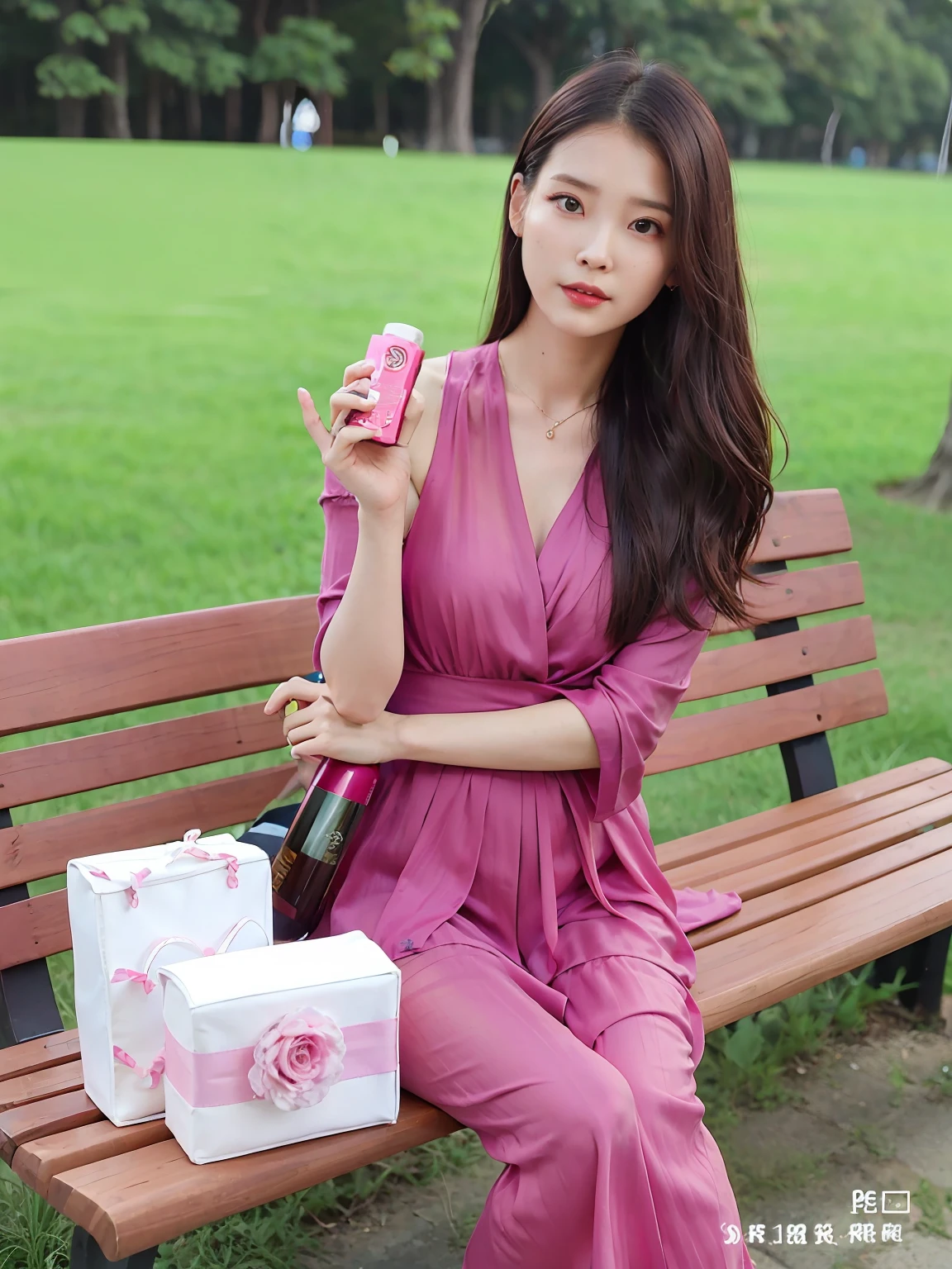 The Arapei woman sat on a bench,Holding a bottle of perfume in his hand, woman model, carrying a bottle of perfume, 🤬 🤮 💕 🎀, Lovely woman, 1 8 I, xintong chen, a cute young woman, Chinese girl, Handsome girl, soft silk dress, photoshoot for skincare brand, korean women's fashion model, 8K)), bautiful
