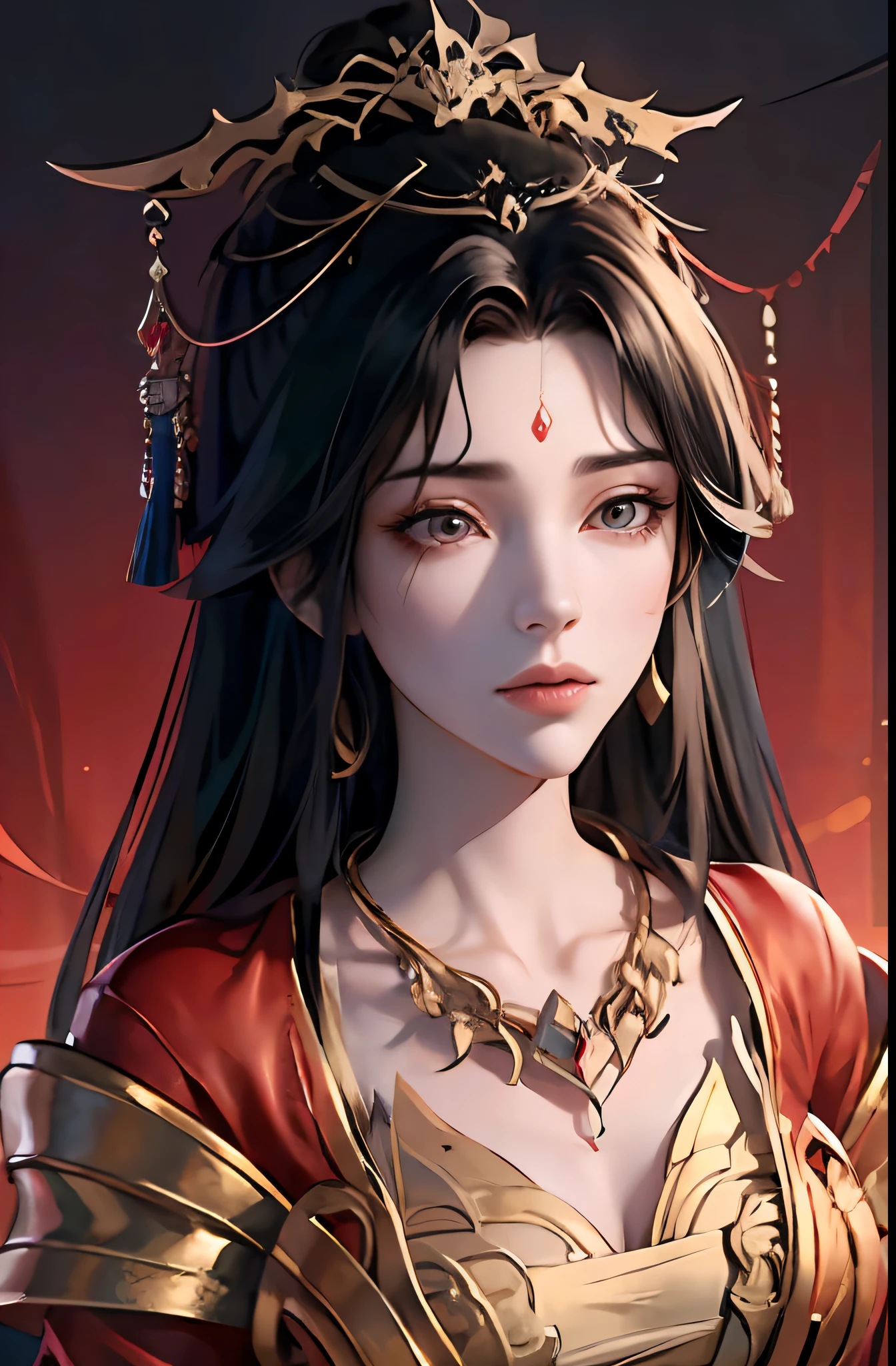 (tmasterpiece,top Quority,best qualtiy,offcial art,Beautiful and aesthetic:1.2),(1girll),Extremely detailed,Colorful,highestdetailed,offcial art,统一 8k 壁纸,ultra - detailed,Beautiful and aesthetic,big breasts beautiful,tmasterpiece,best qualtiy, long whitr hair,Beautiful face,Internet red face,(a color),Ancient Chinese clothes,Western Regions clothing,gossamer,gold chains,red color Hanfu,Phnom Penh embroidery, (zentangle, mandalas, Tangled, entangle) , Yuechan_Wedding_lothes,