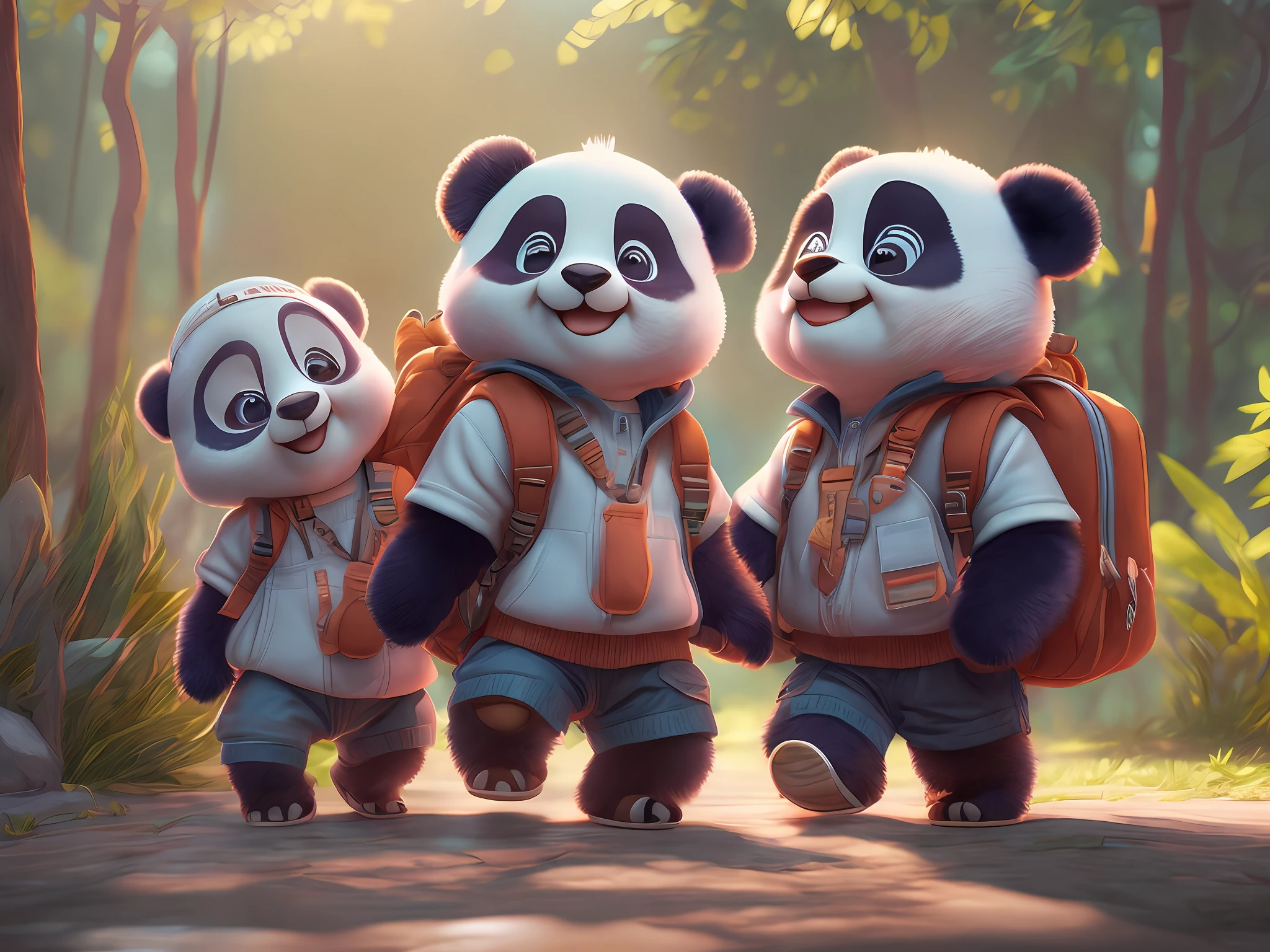 Wearing an elementary school uniform, 2 baby pandas with a backpack.  Cute baby panda waving and smiling, Anthropomorphic baby panda, unreal-engine, Cozy interior lighting, Art Station, detailed digital painting, Cinematics, Mark Lyden and Pixar, Unreal 5, A hyper-realistic,