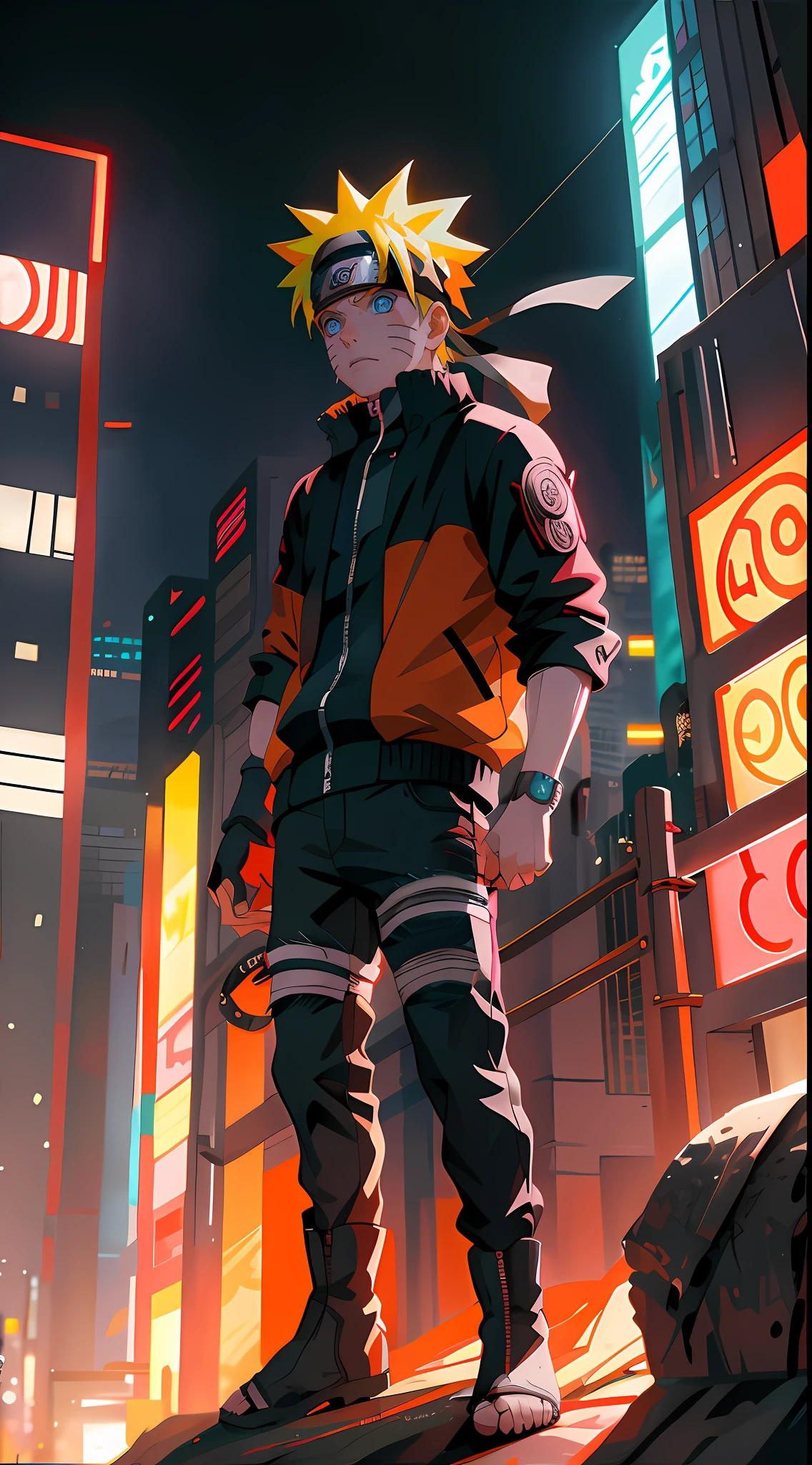 portrait, neon, 1 boy, shonen style, spiky blonde hair, scratches on cheeks on cheeks, black and red clothing, leather jacket, jeans, boots, bandana, cool, blue eyes, full body, color --name Naruto Uzumaki --night background city with futuristic buildings and holograms