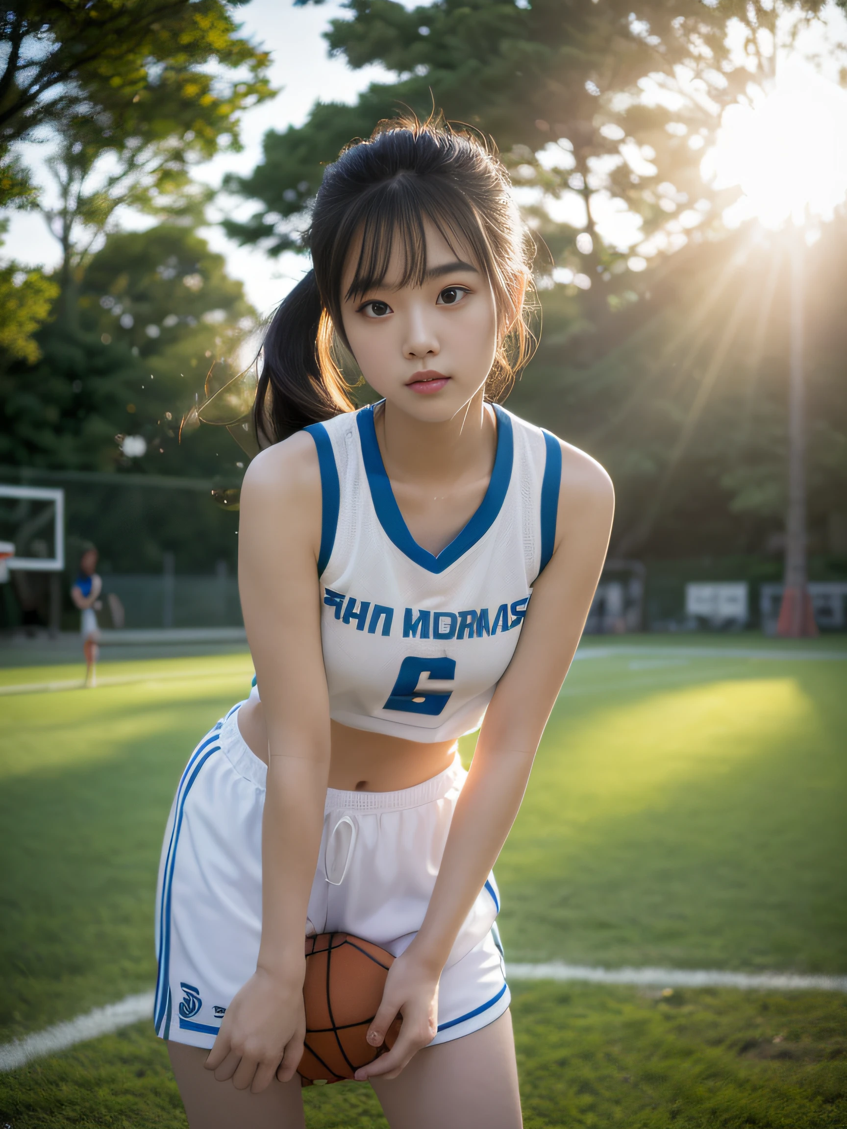 (8K、top-quality、masterpiece:1.2)、(realisitic、Photorealsitic:1.37)、ultra-detailliert、top-quality、超A high resolution、From head to thigh、professionally lit、Photon mapping、Radio City、physically-based renderingt、Cinematic lighting、Basketball court,Gymnasium、depth of fields,Focusing,Sun'rays,Good composition,(Bokeh:1.2),女の子1人,(full body Esbian),(Keep your mouth shut),Beautiful eyes,the pose,Constriction,Basketball Uniforms,Cropped tank top、A dark-haired,poneyTail,(ulzzang-6500:1.2) mix4, hiqcgbody