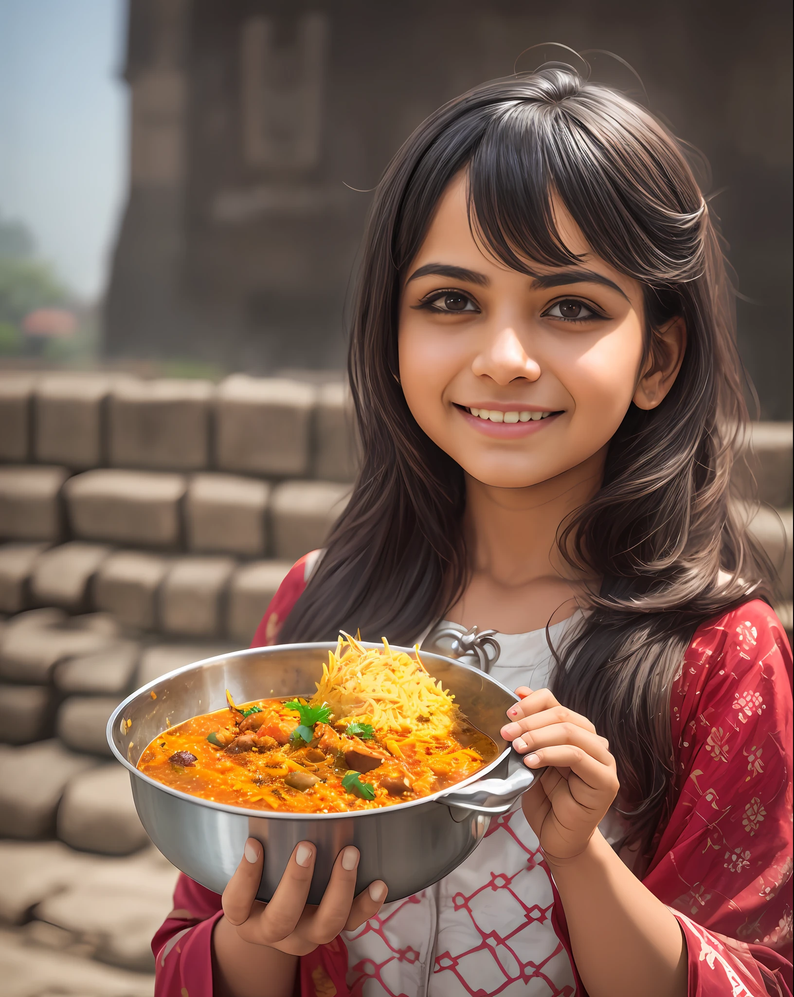 a girl holding matka biryani in front of shaniwar wada located at Pune city --auto --s2