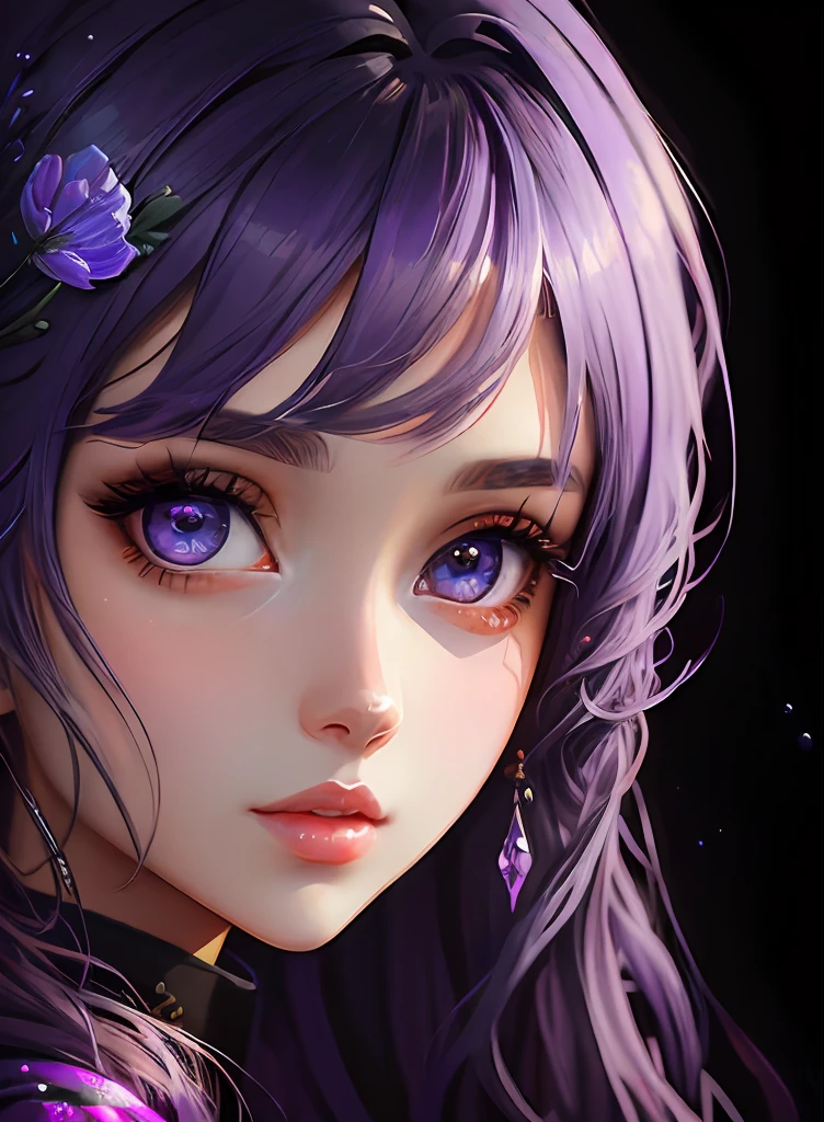 ((top-quality)), ((masterpiece)), ((realisitic)), (detaileds),anime styled、 (1人の女性)Close up portrait of a woman with purple hair、Beautiful shining eyes, Like crystal clear glass、Casual clothing、4K high-definition digital art、stunning digital illustration、Stunning 8K artwork、colorfull digital fantasy art、Colorful and bright、beautiful digital works of art、Colorful Digital Painting、digital anime art、Portrait of beautiful woman、8K HD Digital Wallpaper Art、 Gorgeous Digital Painting