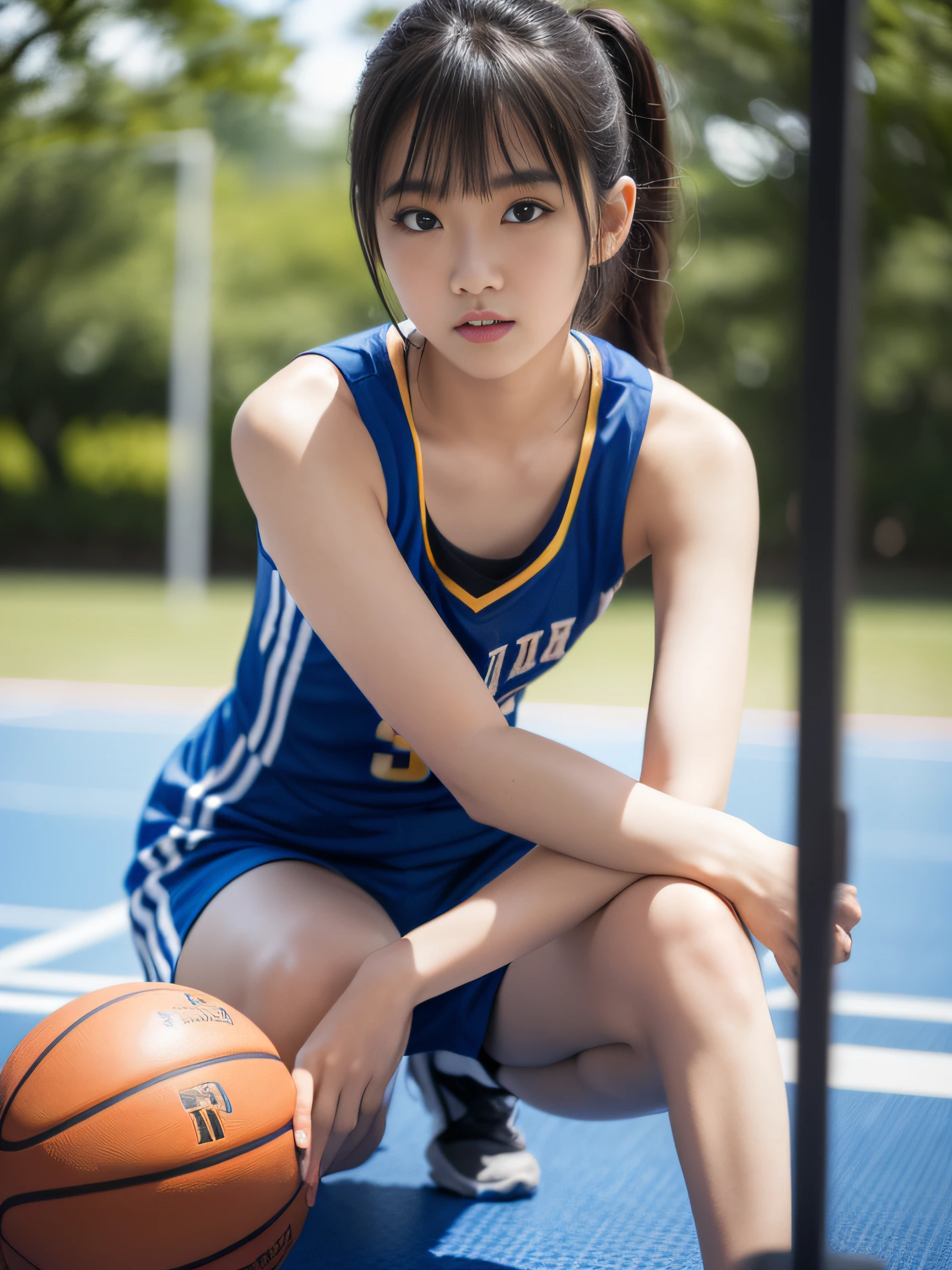 (8K、top-quality、masterpiece:1.2)、(realisitic、Photorealsitic:1.37)、ultra-detailliert、top-quality、超A high resolution、From head to thigh、professionally lit、Photon mapping、Radio City、physically-based renderingt、Cinematic lighting、Basketball court,Gymnasium、depth of fields,Focusing,Sun'rays,Good composition,(Bokeh:1.2),1人,(full body Esbian),(Keep your mouth shut),Beautiful eyes,the pose,Constriction,Basketball Uniforms,Cropped tank top、A dark-haired,poneyTail,(ulzzang-6500:1.2) mix4, hiqcgbody