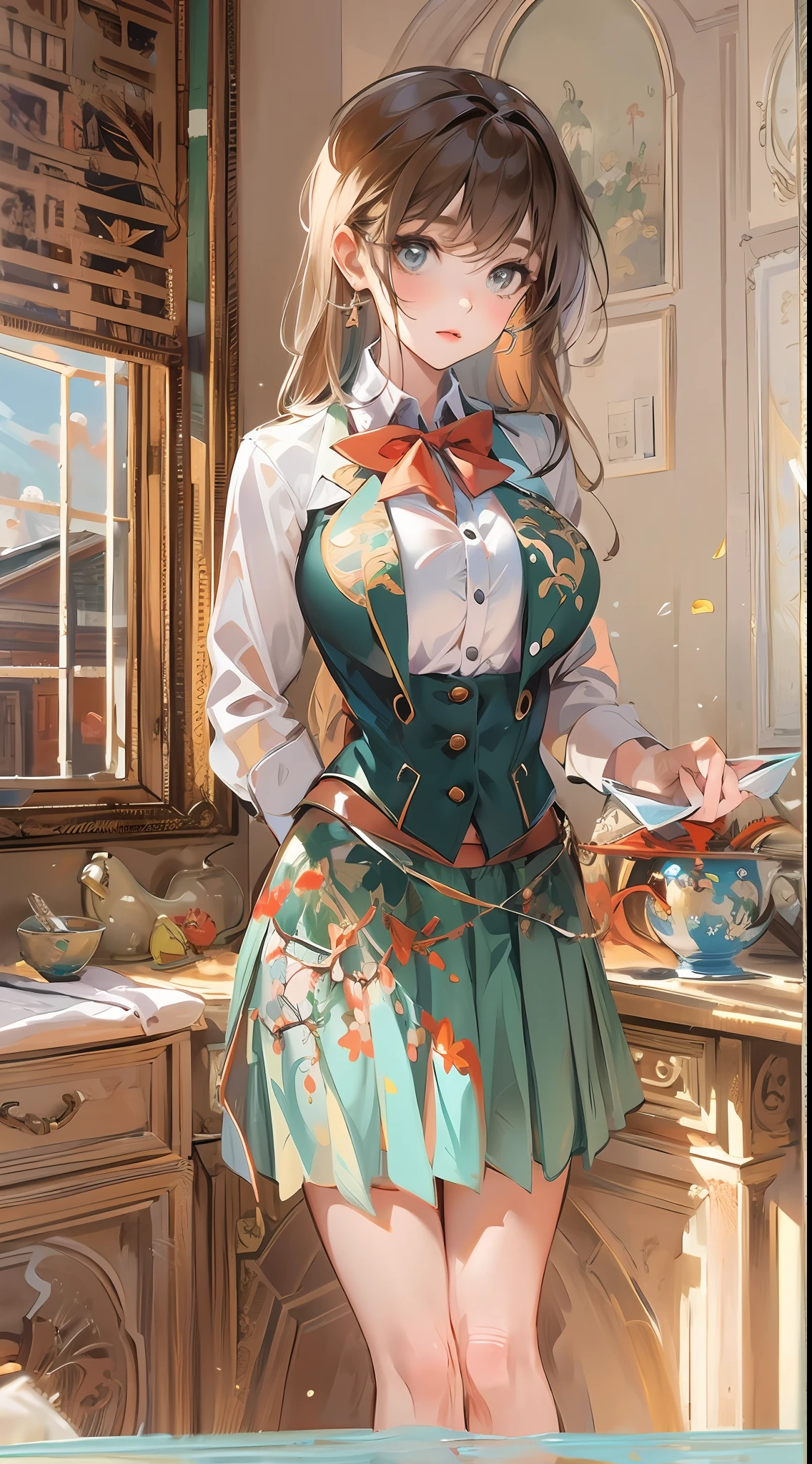 1girl,large breasts,midriff,
indoors,bedroom,standing,cowboy shot, ((school_uniform))