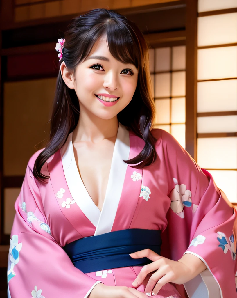 best quality, face focus, (depth of field) ,ultra high res, (photorealistic:1.4), RAW photo, Japanese-style room, alcove, hanging scroll
(portrait:1.4)
1japanese girl, solo, cute, smile, (brown eyes), natural face, (midi hair), 
(kimono:1.5)