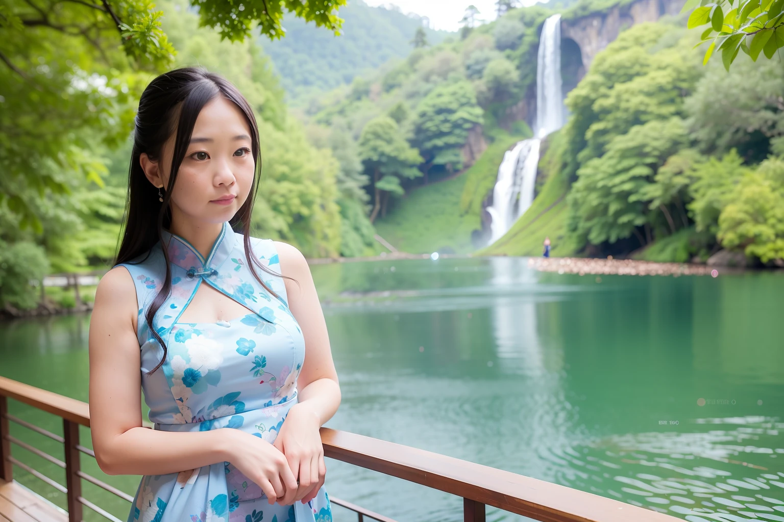 On the wooden deck by the lake stood a woman, Lake in the background, sentado em frente a um lago, wearing a blue qipao dress, in front of a forest background, photo taken with canon 5d, in a blue qipao, waterfall in background, shot on nikon z9, 🤬 🤮 💕 🎀, perto de um lago
