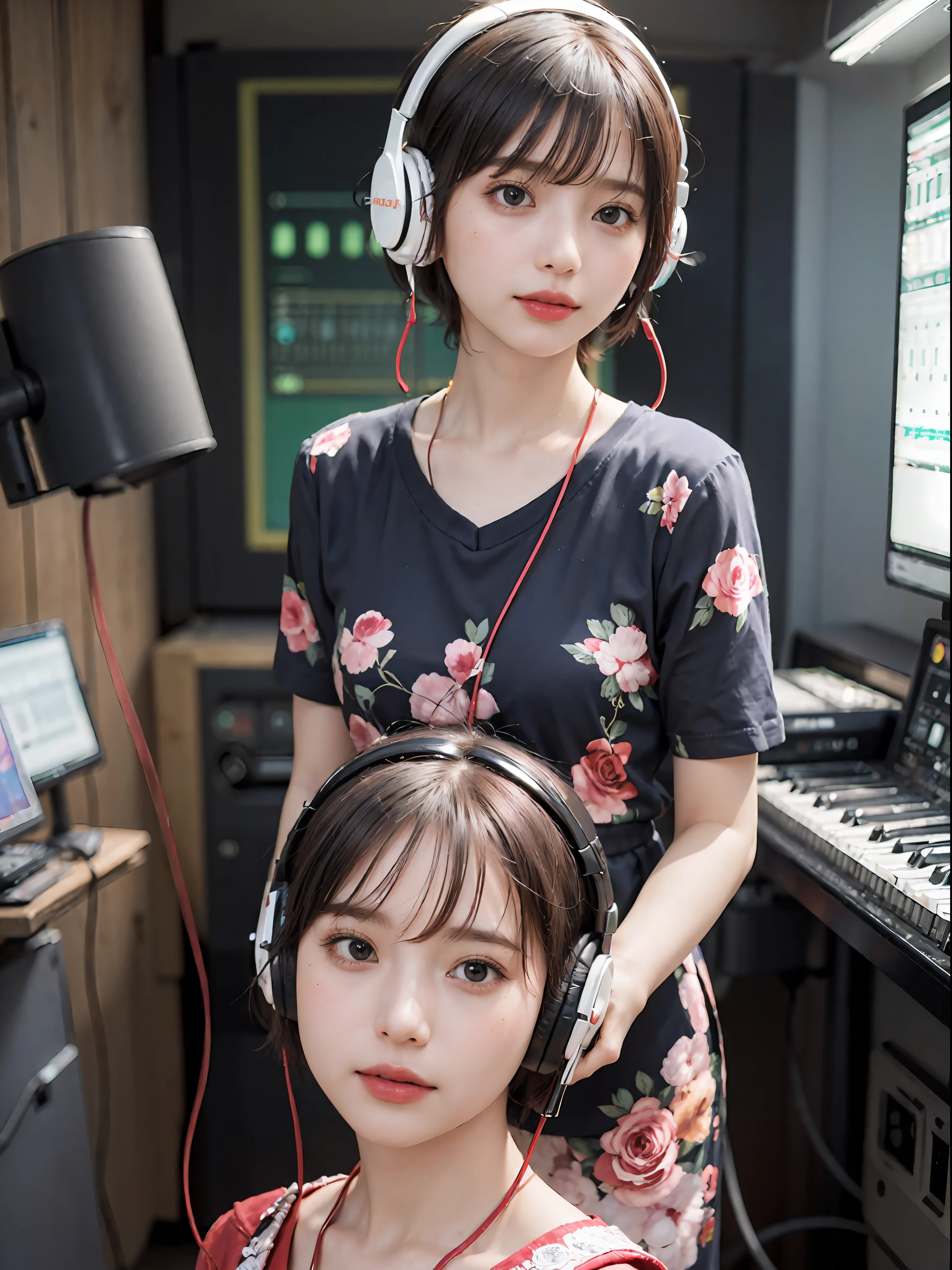 Best Quality, masutepiece, (Photorealistic:2), Ultra High Resolution, Highly detailed, A hyper-realistic, 1girl in, ((Red headphones)), (Longer dress), Floral pattern, colourfull_hair、(((very_Short_hair))), Short hair, Slim body, Full Shot, Looking at Viewer, ((Music Studio)),  Bright atmosphere, spot light, Detailed background