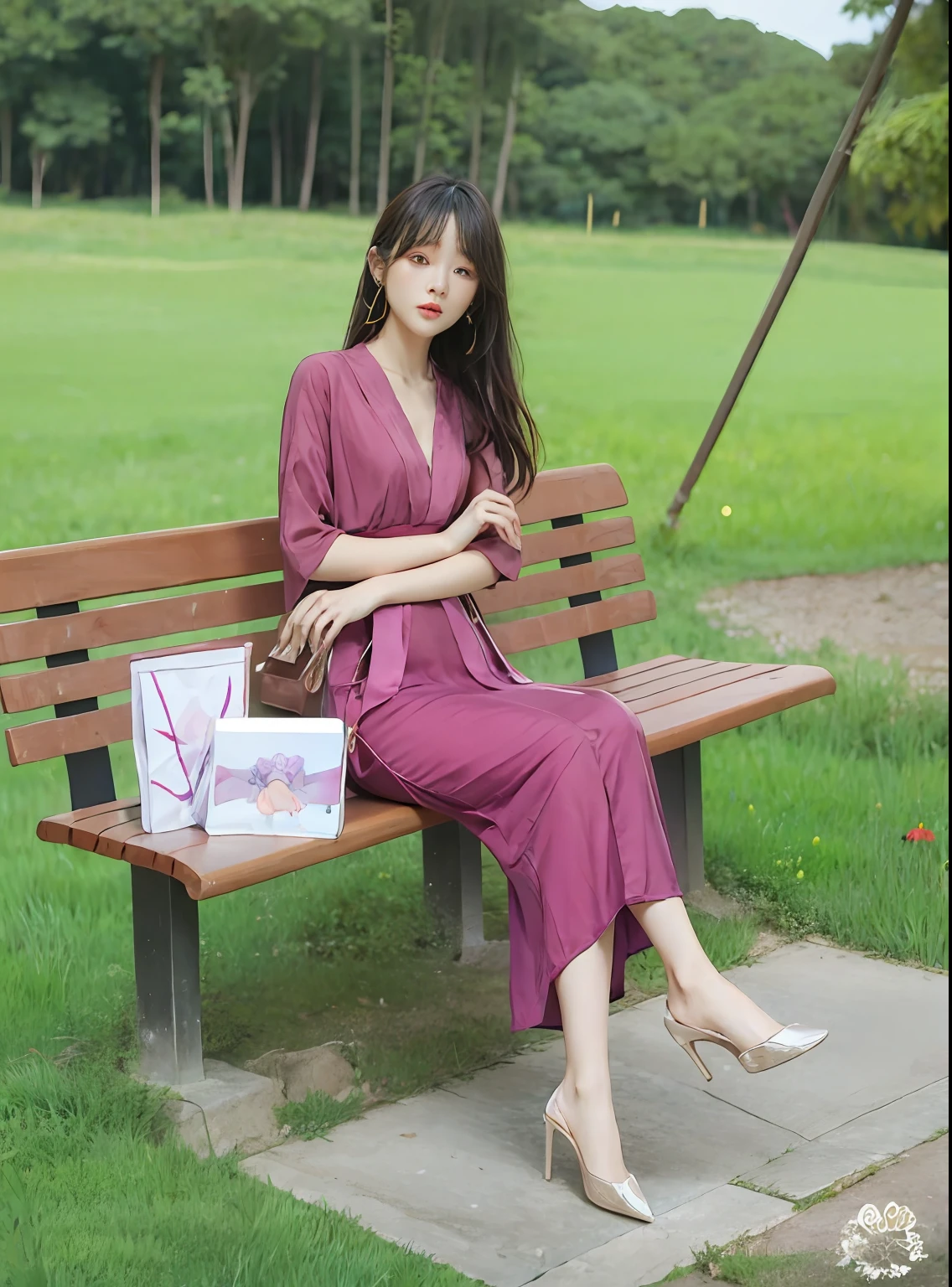 The woman sits on a bench，Hold your wallet and phone, Women's long skirt, soft silk dress, in long pink or violet dresses, Long dress, with a thin waist, beautiful soft silky dress, korean women's fashion model, Elegant dress, Chinese dress, Femme, wearing fuchsia silk robe, dressed with long fluent clothes, with acient chinese clothes, woman model