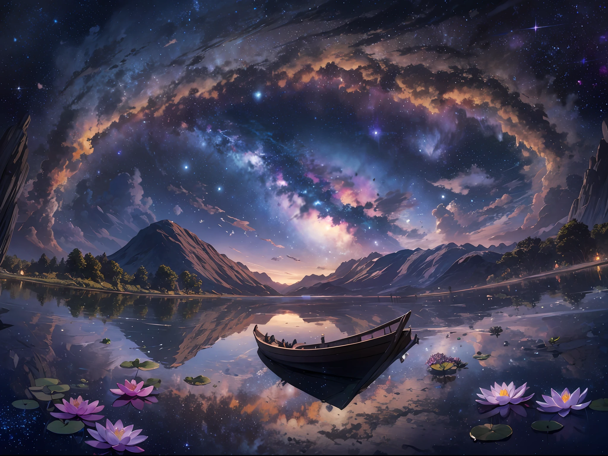 Ridiculous resolution, A high resolution, (masterpiece:1.4), ultra - detailed,,The purple Milky Way and a sky full of stars , Lotus flowers under the stars,Upside-down space, afloat,The viewing angle is diagonally downward