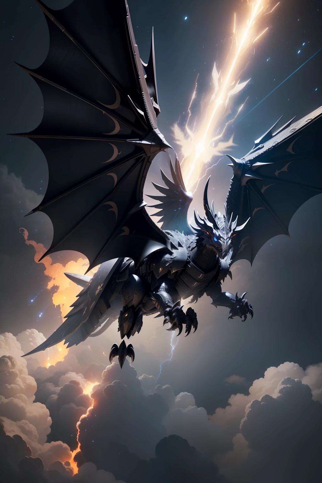 A winged dragon、Has wings similar to rocket boosters, Black all over、Covered with hard armor, Full of mechanical texture, It's like a starry sky behemoth in science fiction