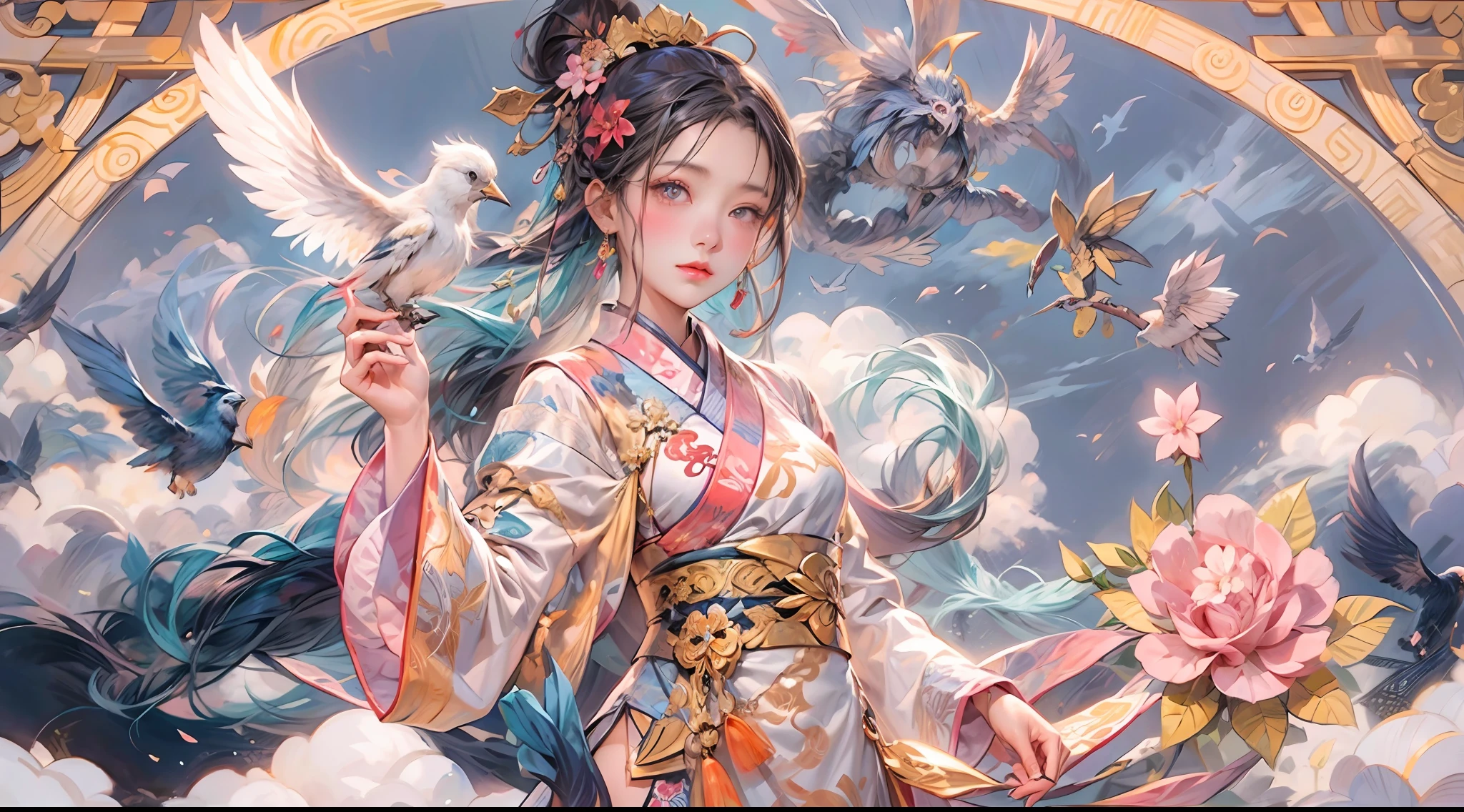 a mural of chinese girl,beautiful eyes,dance,full body,Chinese mythology,flower,auspicious clouds,tree,bird,off-color,lococo,（high quality，extremely detailed，8k：1.5）