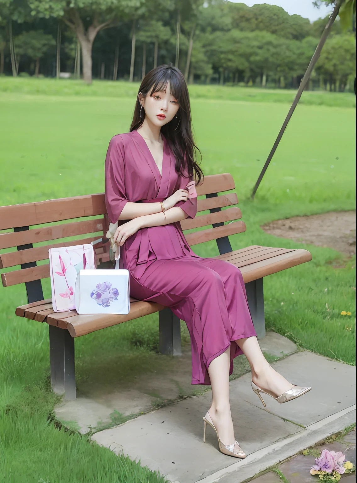 The woman sits on a bench，Hold your wallet and phone, Women's long skirt, soft silk dress, in long pink or violet dresses, Long dress, with a thin waist, beautiful soft silky dress, korean women's fashion model, Elegant dress, Chinese dress, Femme, wearing fuchsia silk robe, dressed with long fluent clothes, with acient chinese clothes, woman model