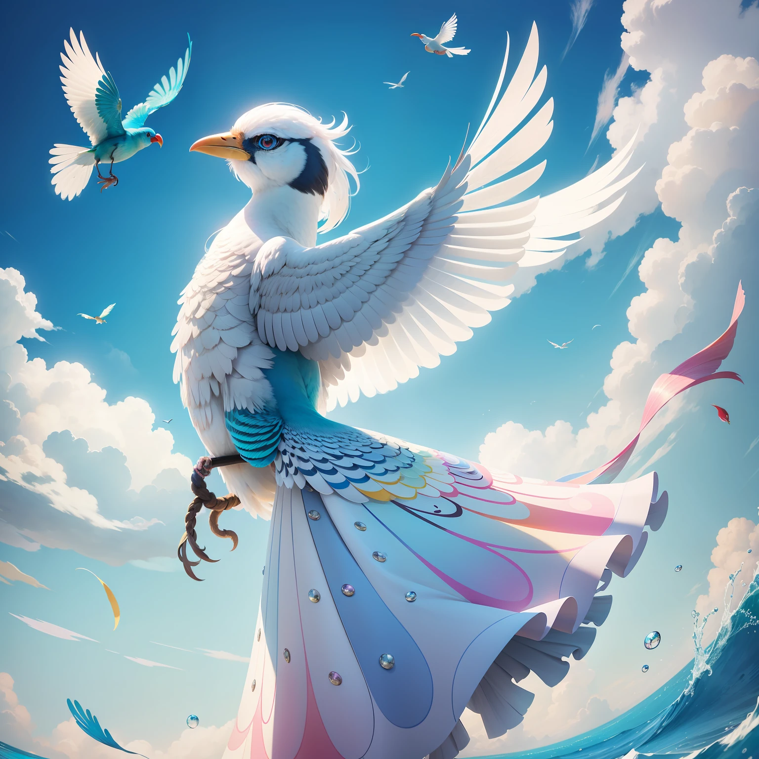 Pearl bird，brilliant colorful，magnificent plumage，Mysterious eyes，Flying between the blue sky and white clouds，Light and free，Dance，Show its unique charm and beauty。